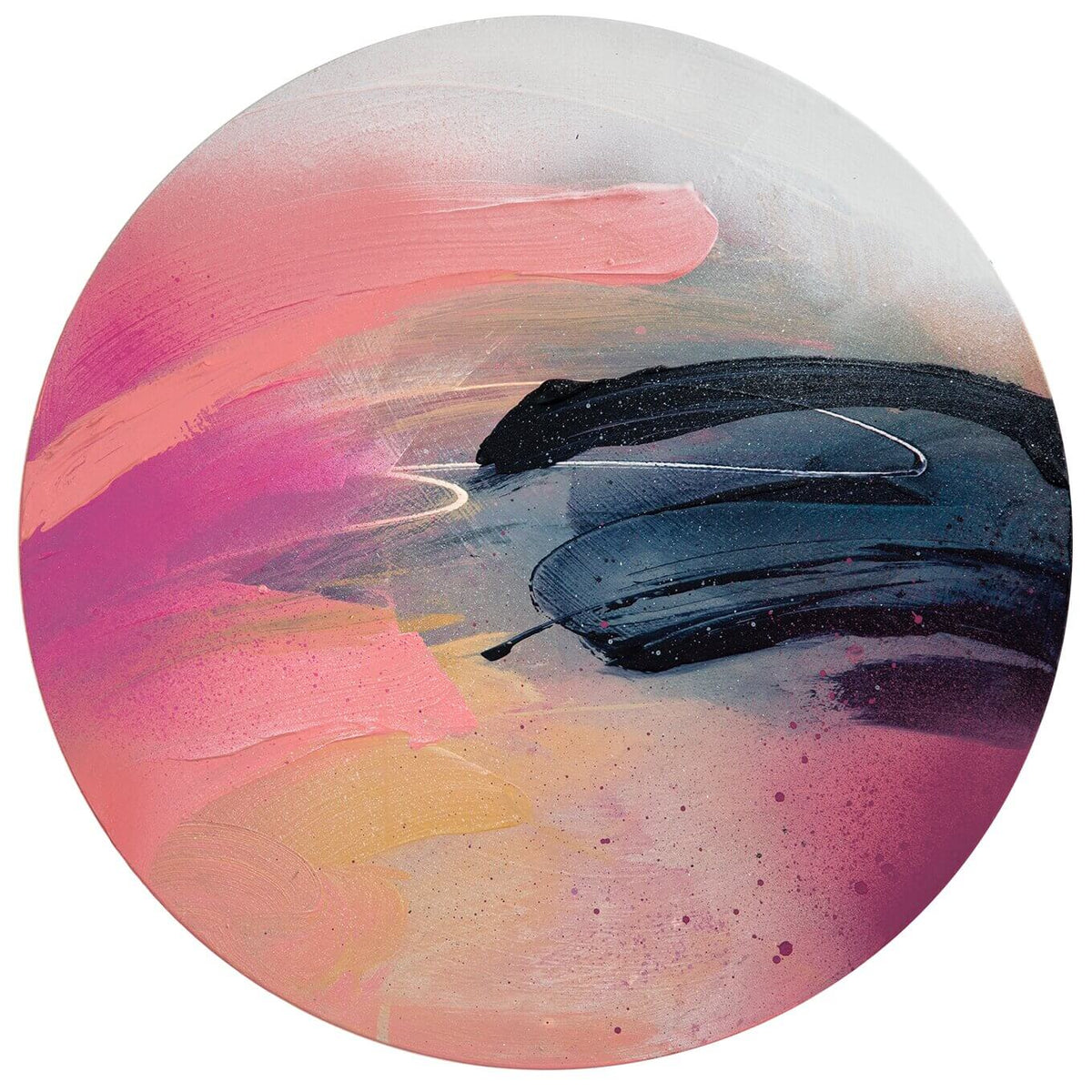 Looking For You“ by Kate Mayer: Abstract circular acrylic on plywood with swirling pink, black & white brushstrokes.