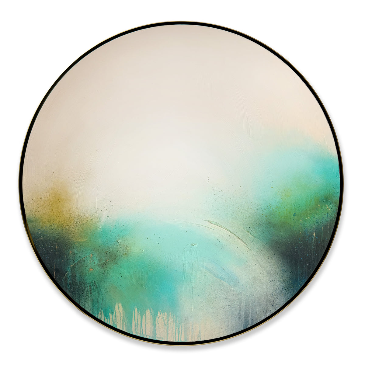 The Afterglow of Stillness by Kate Mayer: round acrylic painting in teal, green & white on plywood fading to beige.