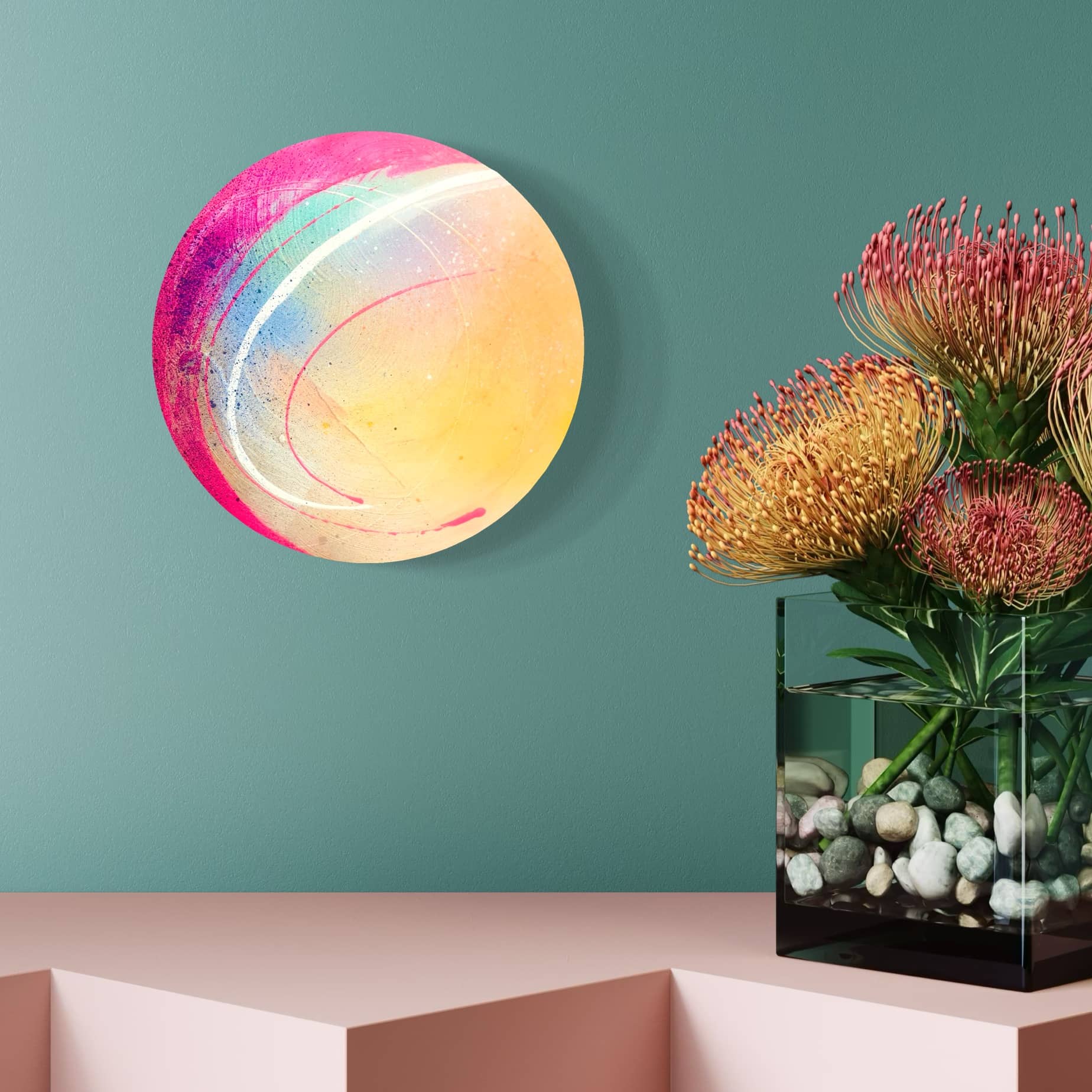 Be Colourful" by Kate Mayer above a corner shelf with a modern vase of red flowers against a teal wall.