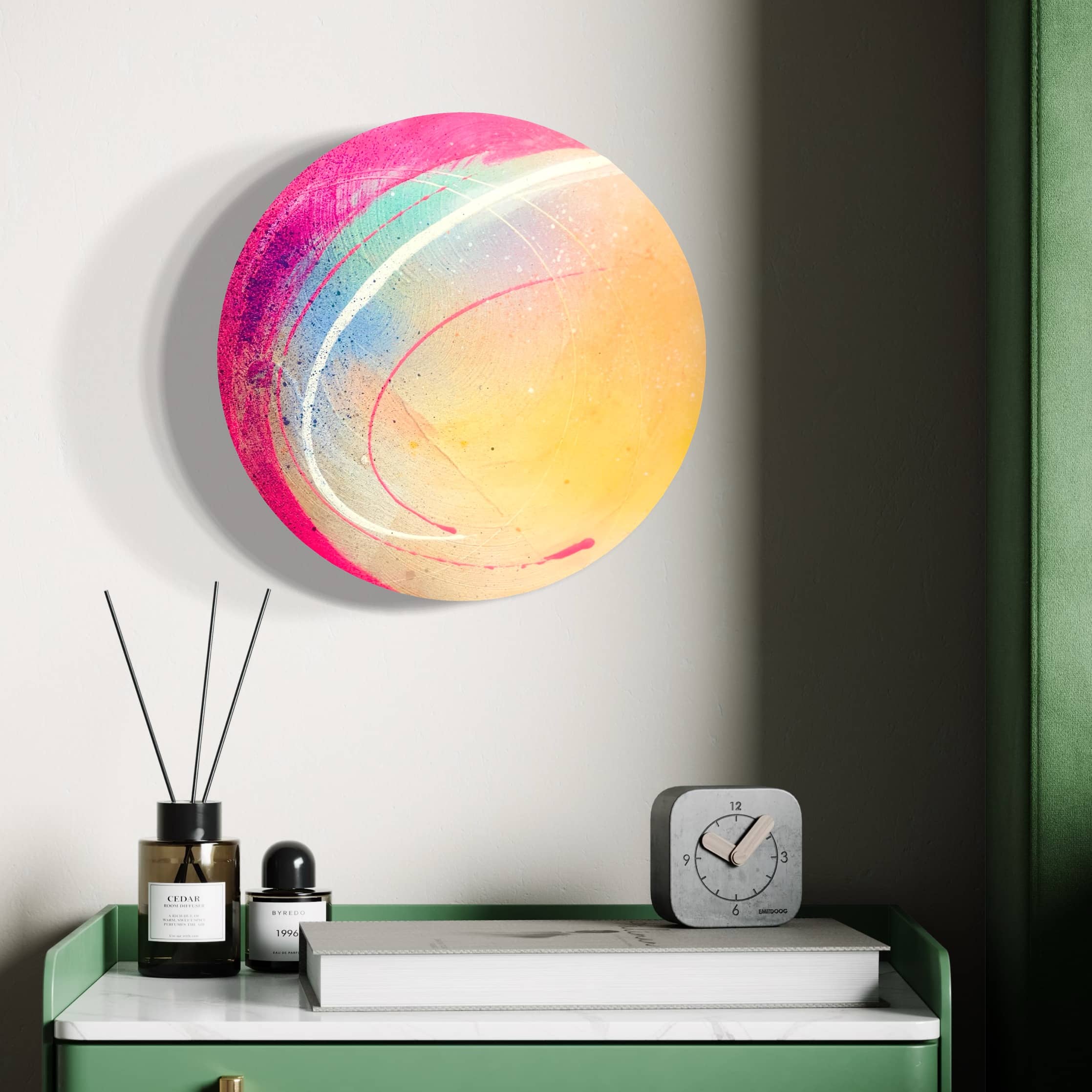 Be Colourful" by Kate Mayer, acrylic & spray paint, displayed above a green console with bottles and clock.