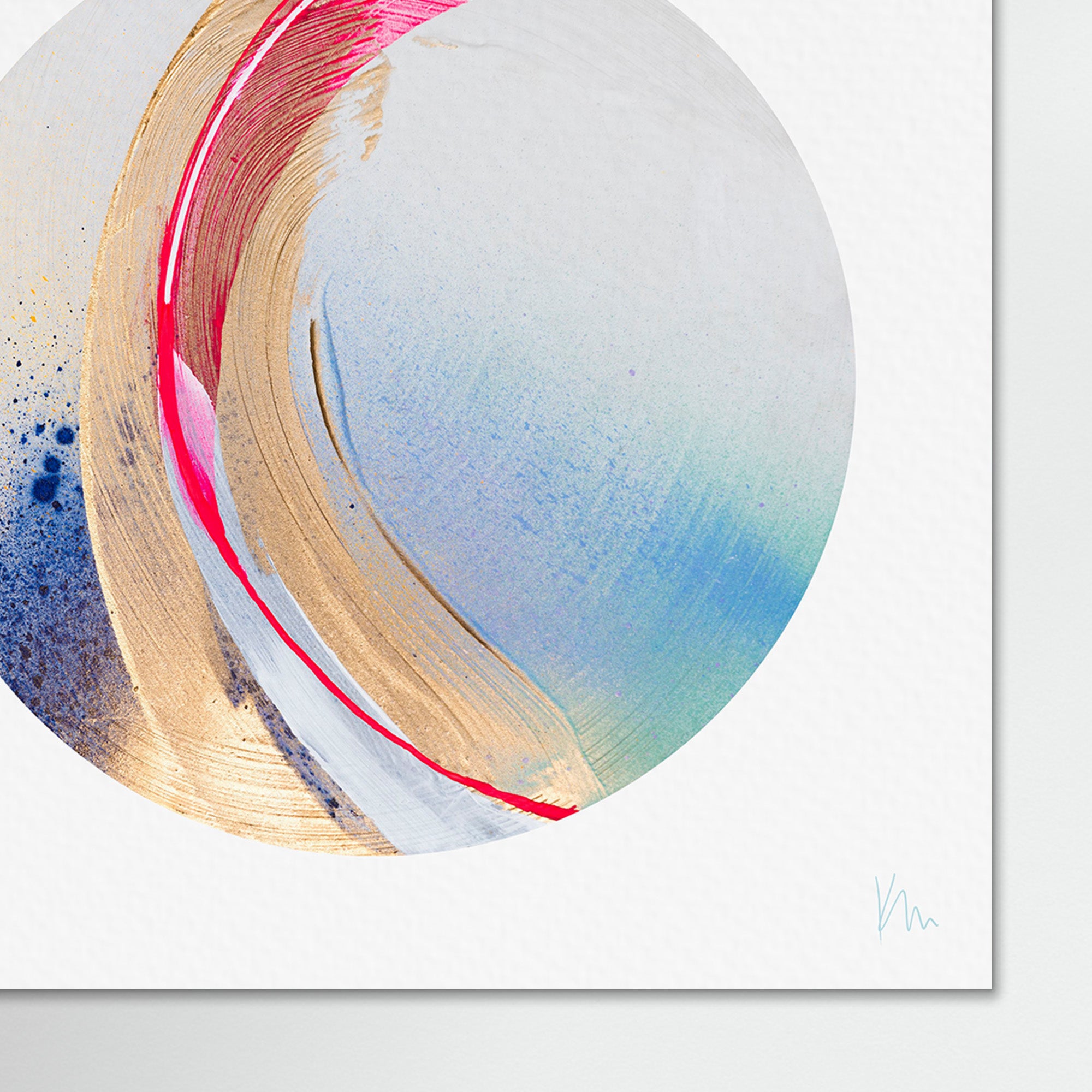 Be Radiant by Kate Mayer: An abstract painting featuring a vibrant composition of circular strokes in gold, pink, and blue set against a white backdrop.
