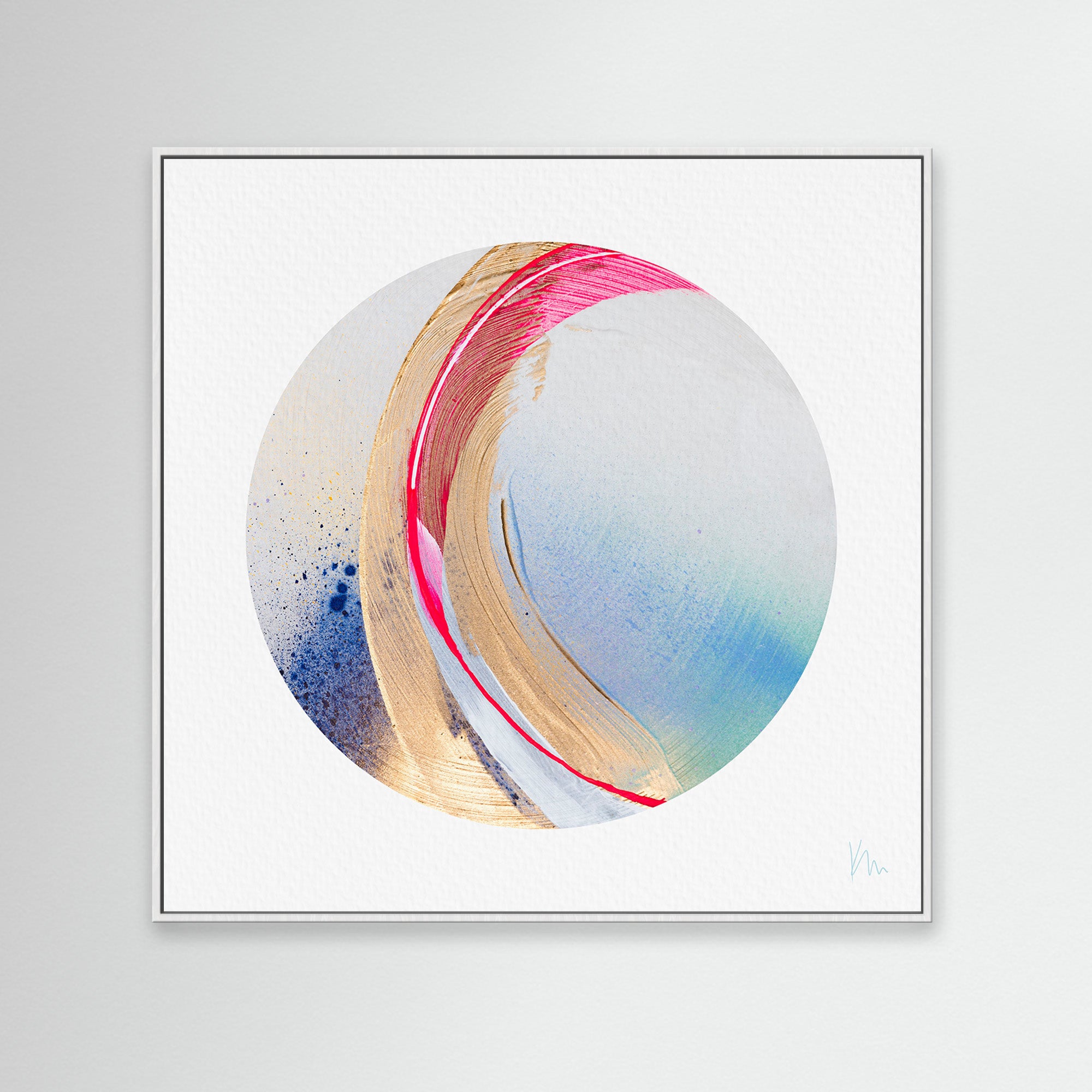 The "Be Radiant" original painting by Kate Mayer features an abstract circular design with dynamic swirls of gold, pink, blue, and white on a light background. Its framed display enhances the artwork's inner radiance.