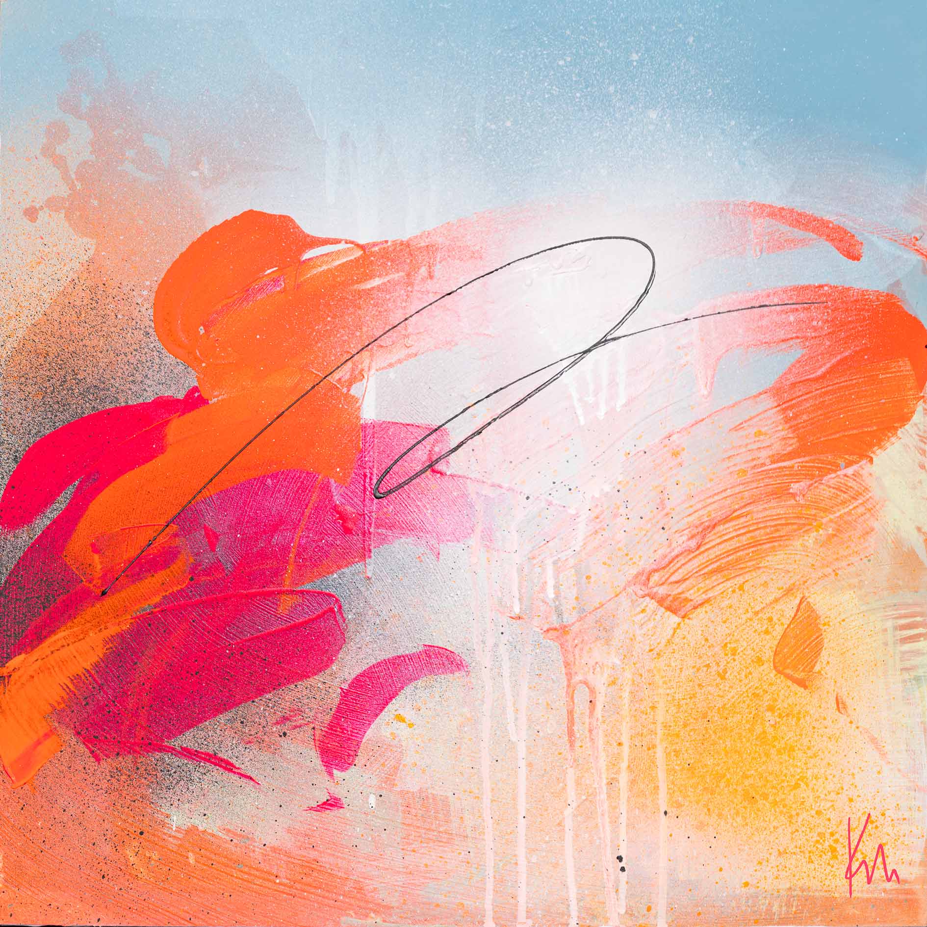 Dance With Me, an original painting by Kate Mayer, beautifully showcases bold red and orange brushstrokes, a black swirling line, and white splatters on a pale blue background, all expertly crafted with acrylic on canvas.