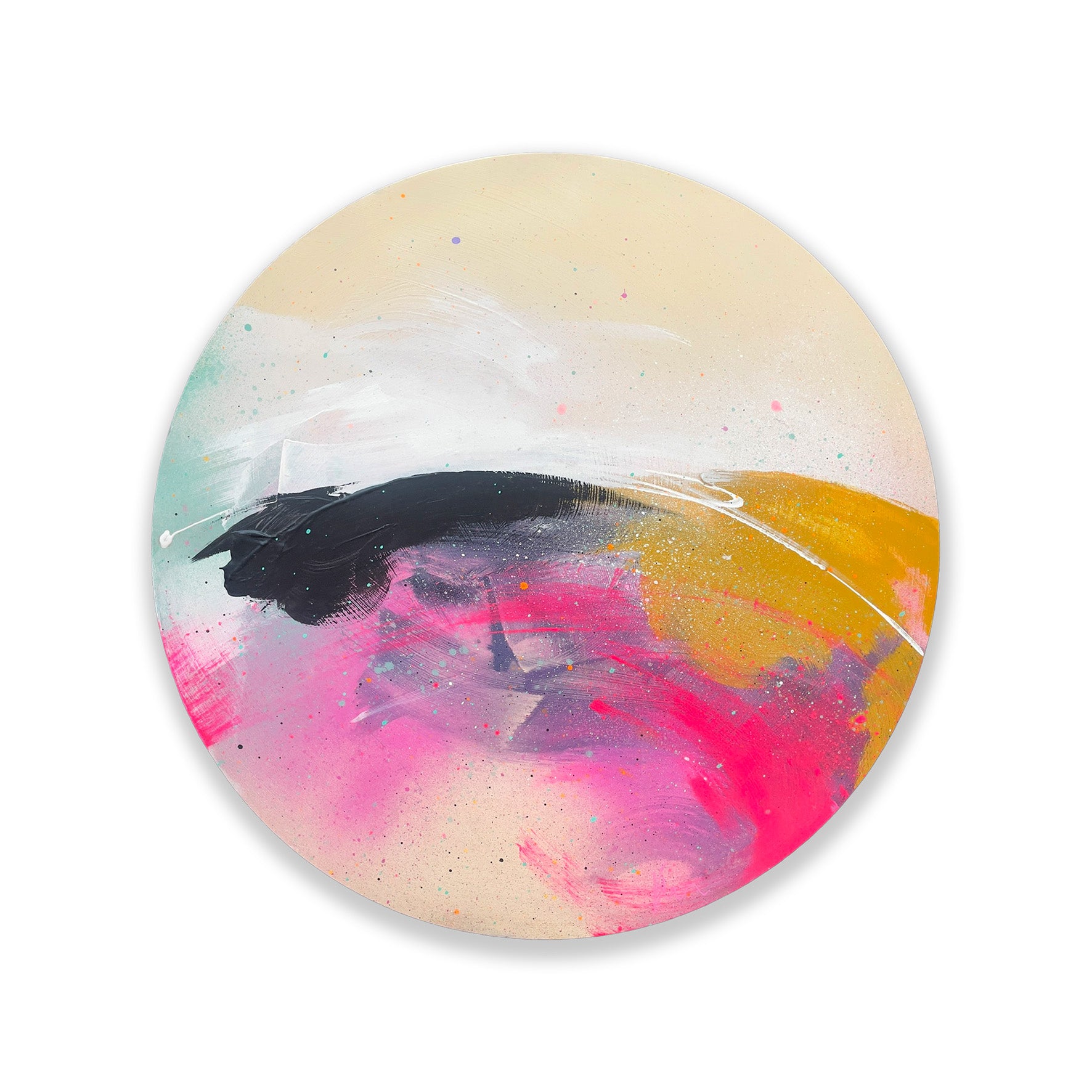 Move On Up by Kate Mayer: abstract painting on circular plywood with sweeping black, pink, yellow, and white strokes.