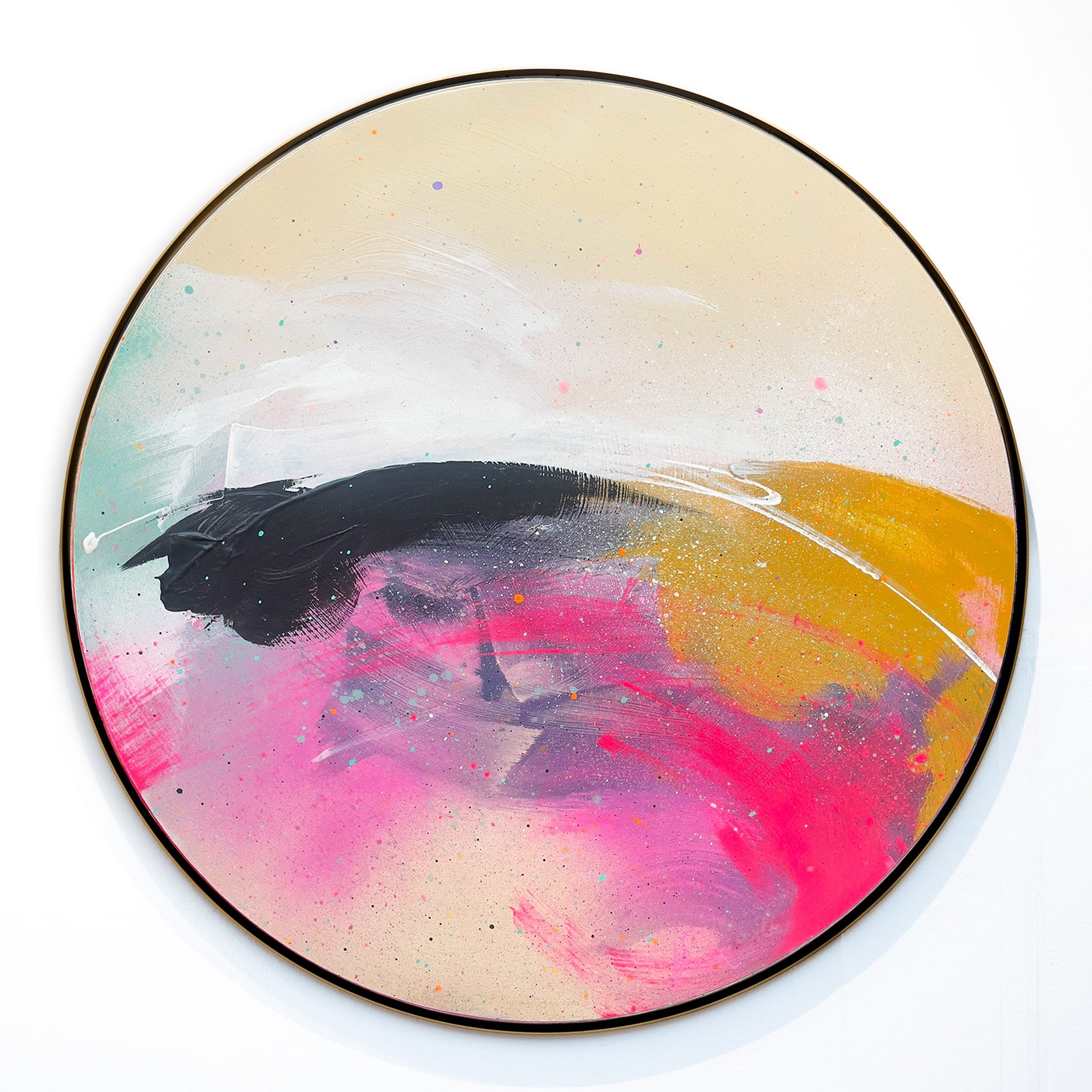 Move On Up" by Kate Mayer is a round abstract painting with swirls and colorful splatters on plywood.