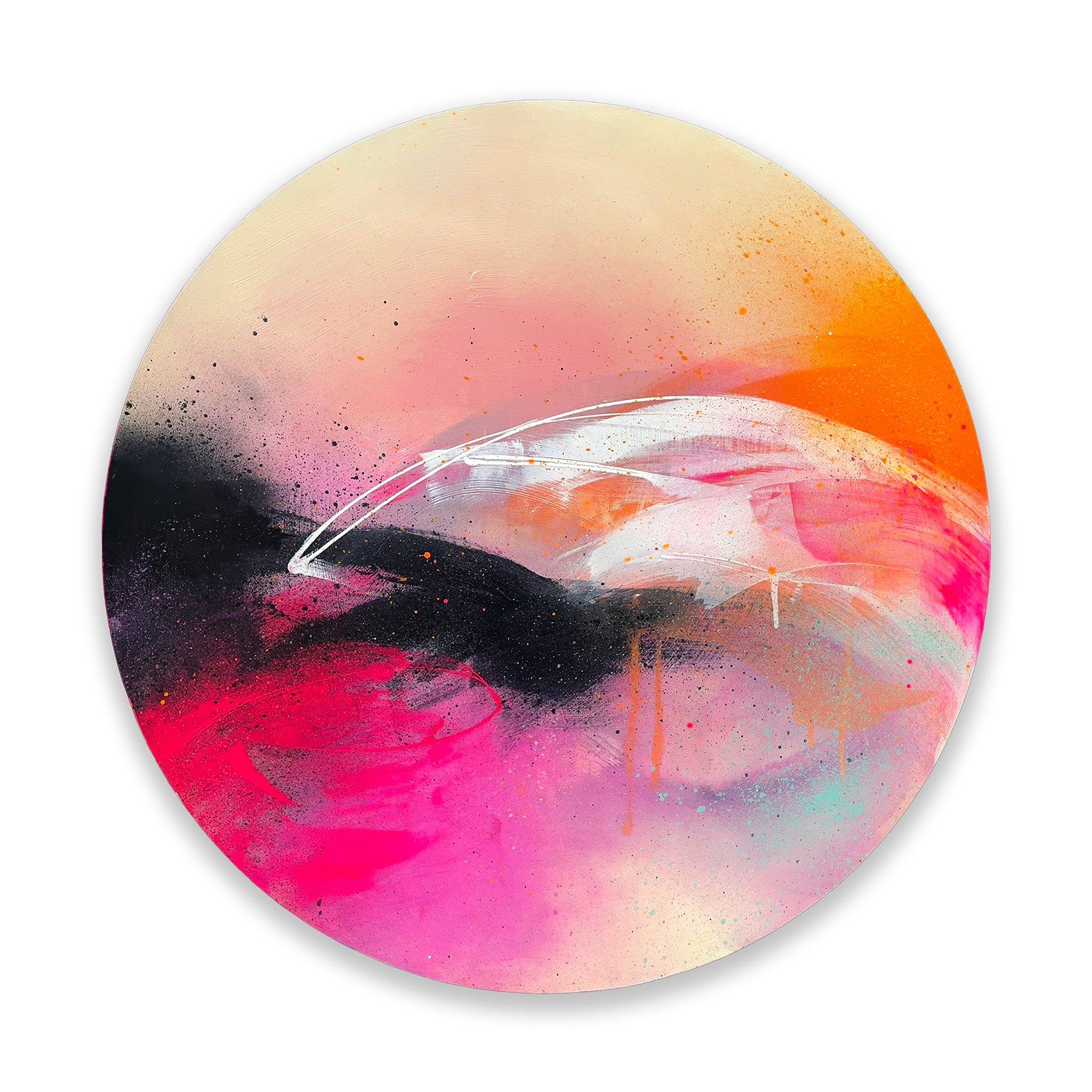 Feels Like Magic" by Kate Mayer: Vibrant pink, orange, black swirls in a bespoke handmade frame.