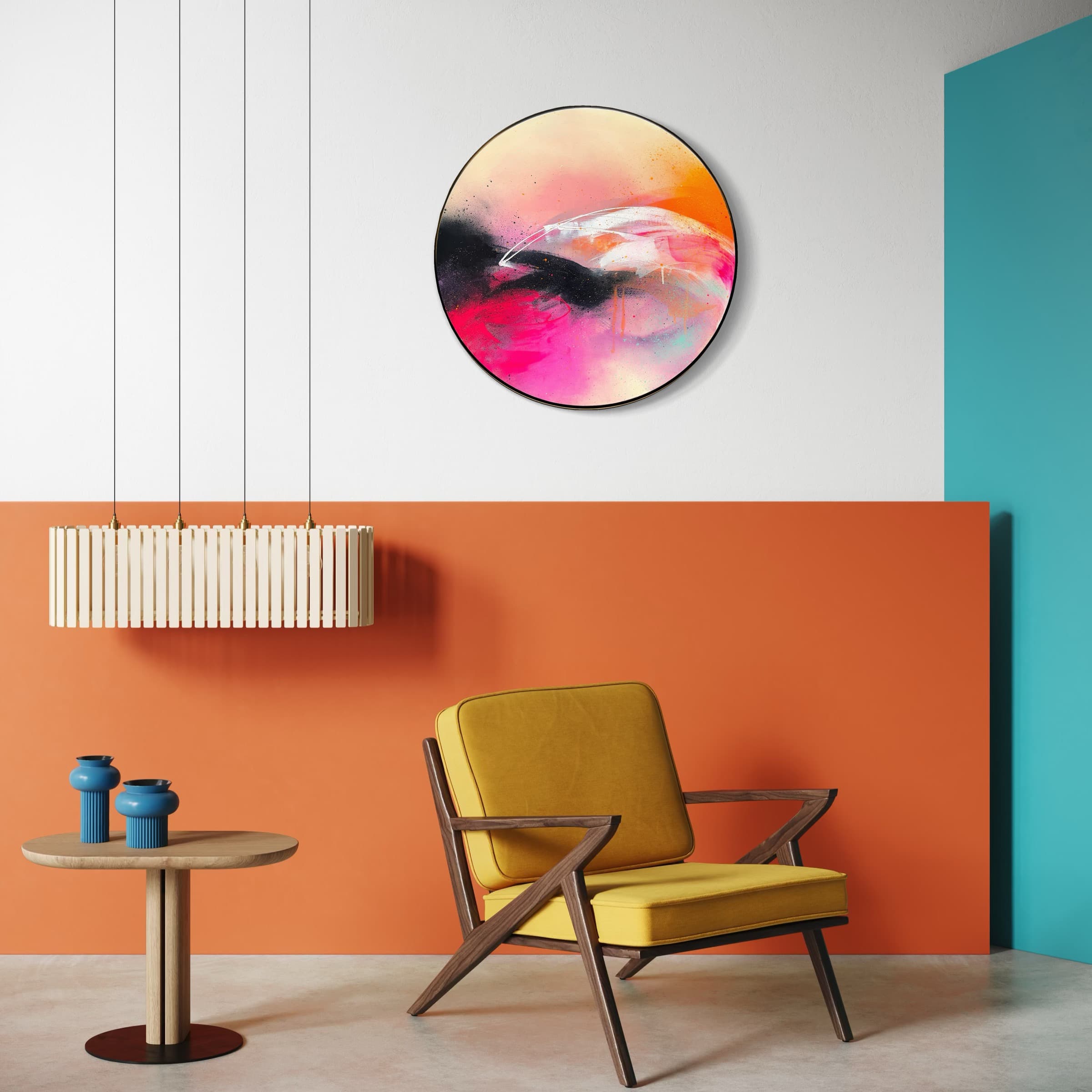 Modern room with orange wall, "Feels Like Magic" by Kate Mayer, yellow chair, blue vases, and turquoise corner.