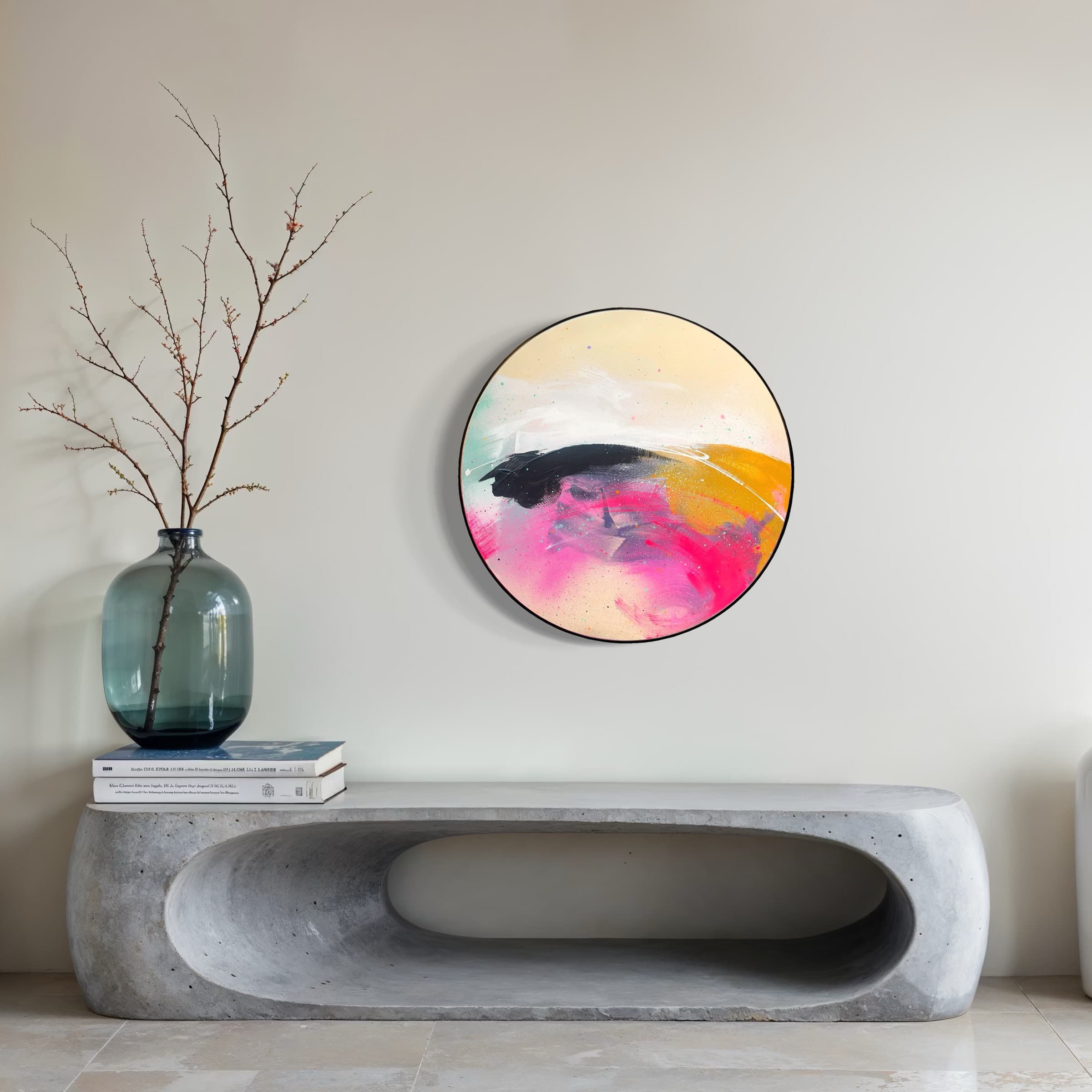 A modern entry table with books, a vase, and Kate Mayer's Move On Up painting on a beige wall.