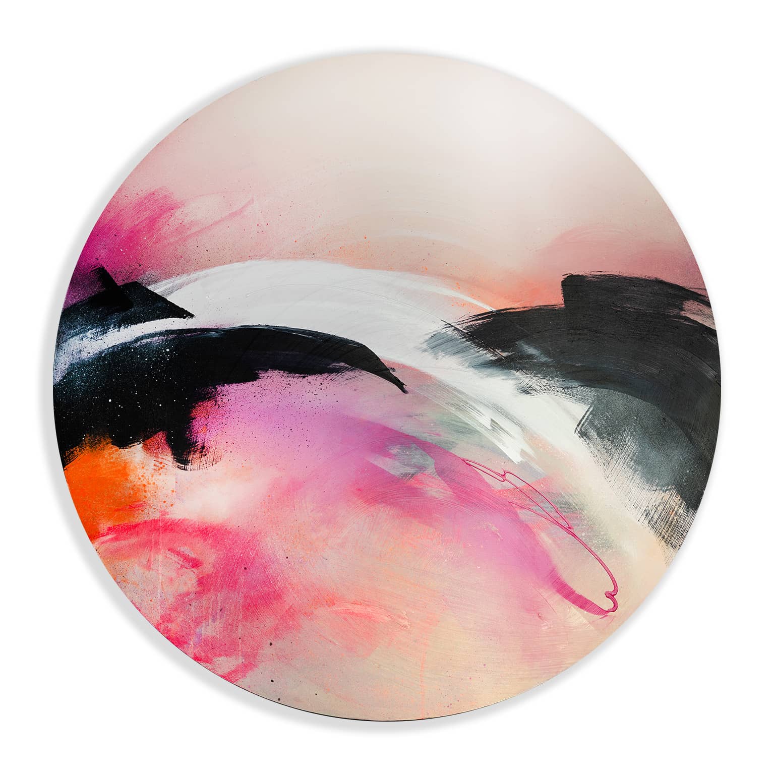 It's A New Dawn" by Kate Mayer features swirls of pink, black, and white in a circular format with a bespoke handmade frame.