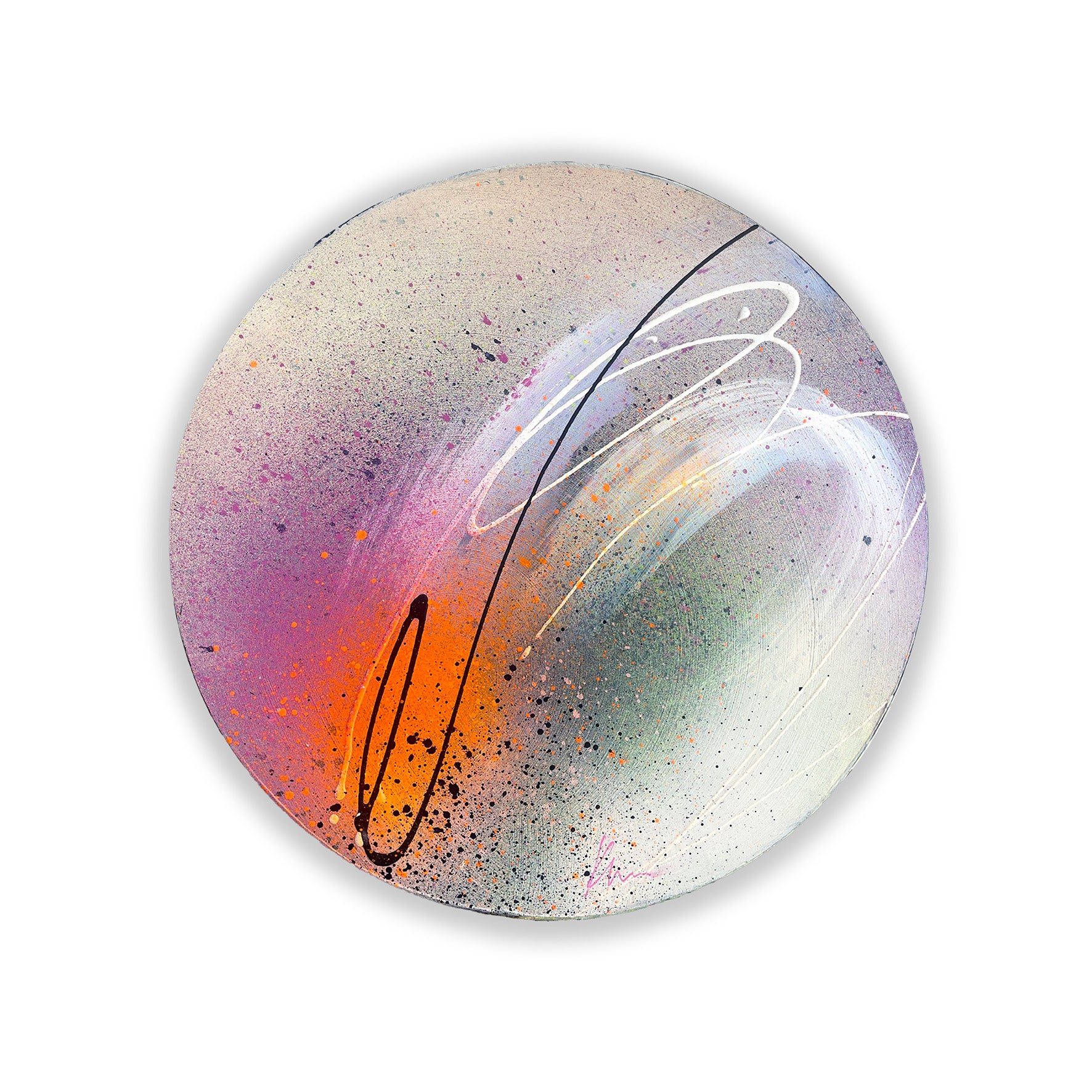 In This Moment" by Kate Mayer: An abstract circular painting with swirling acrylics in purple, orange, and green, with black lines.