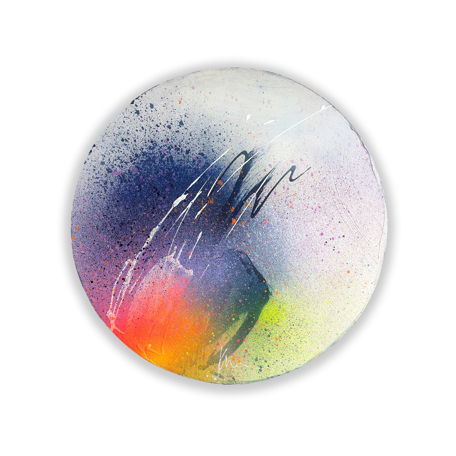 Kate Mayer's "Right Here, Right Now" is an original round abstract painting in vibrant acrylic and spray paint gradients.