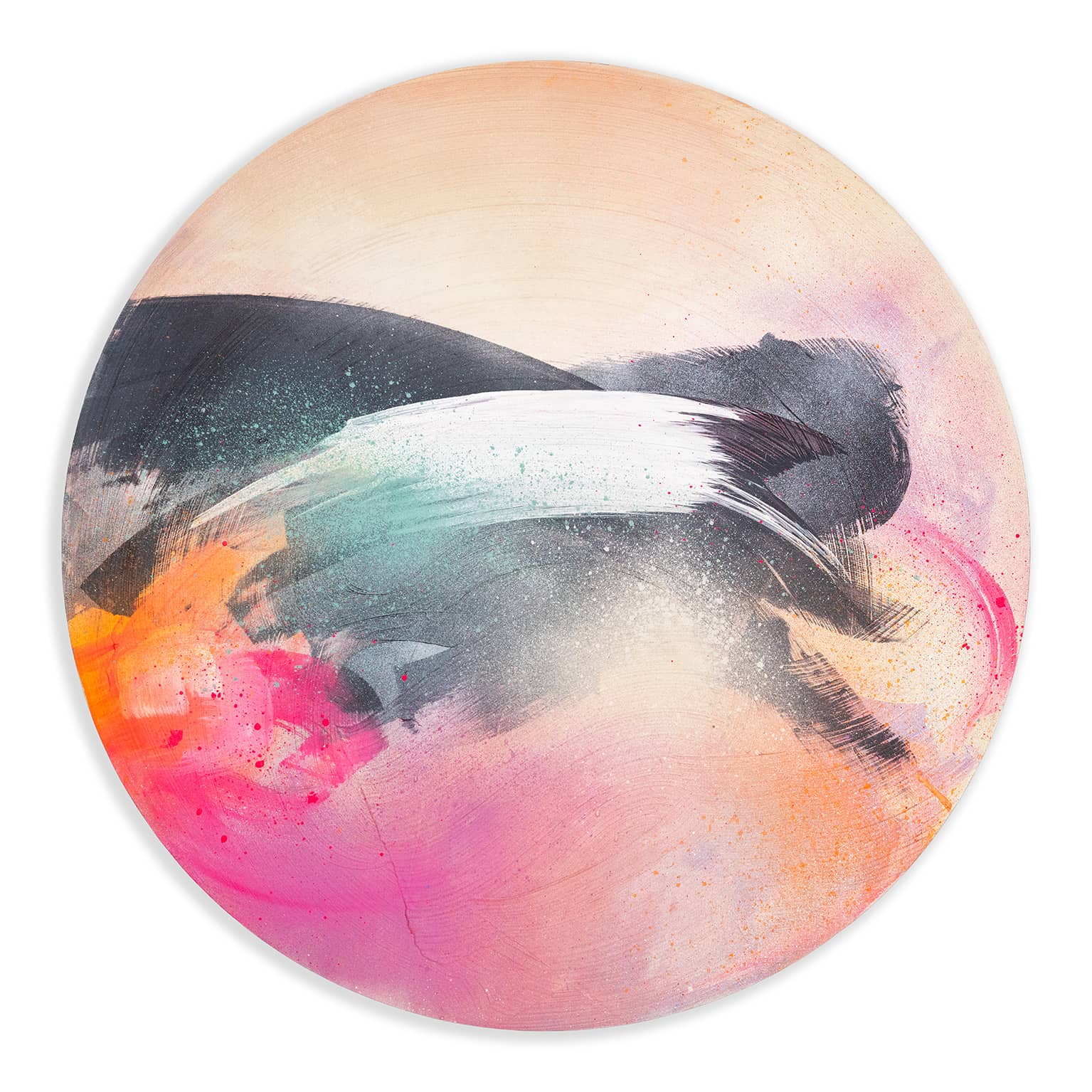 The Glow Up painting by Kate Mayer features acrylic splashes in black, white, pink, and orange on a soft gradient backdrop.