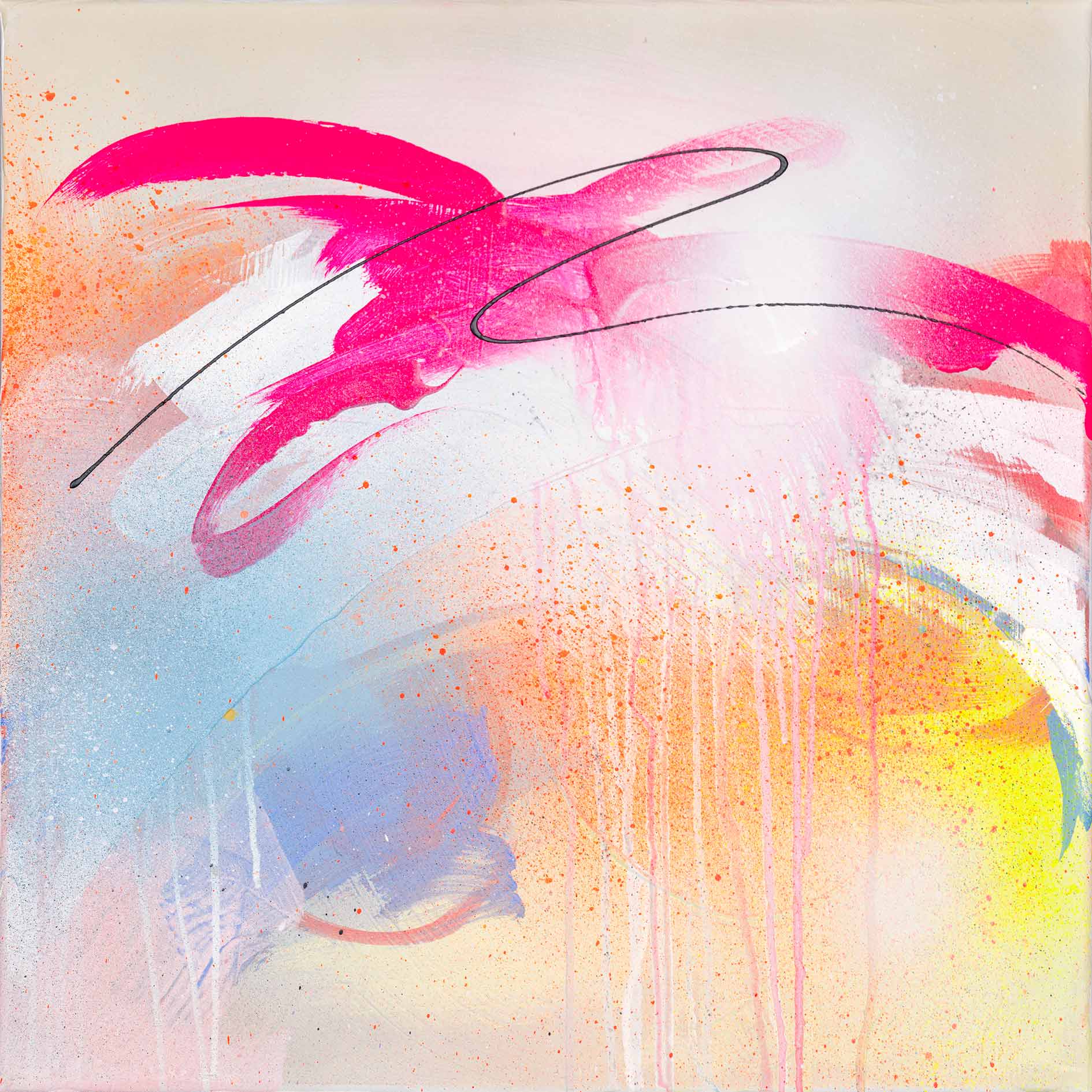 Introducing "Hell Yeah" by Kate Mayer: an original painting characterized by bold brushstrokes and splatters in pink, blue, and yellow hues, enriched with hints of fluorescent paint and accentuated by a dramatic black swirling line.