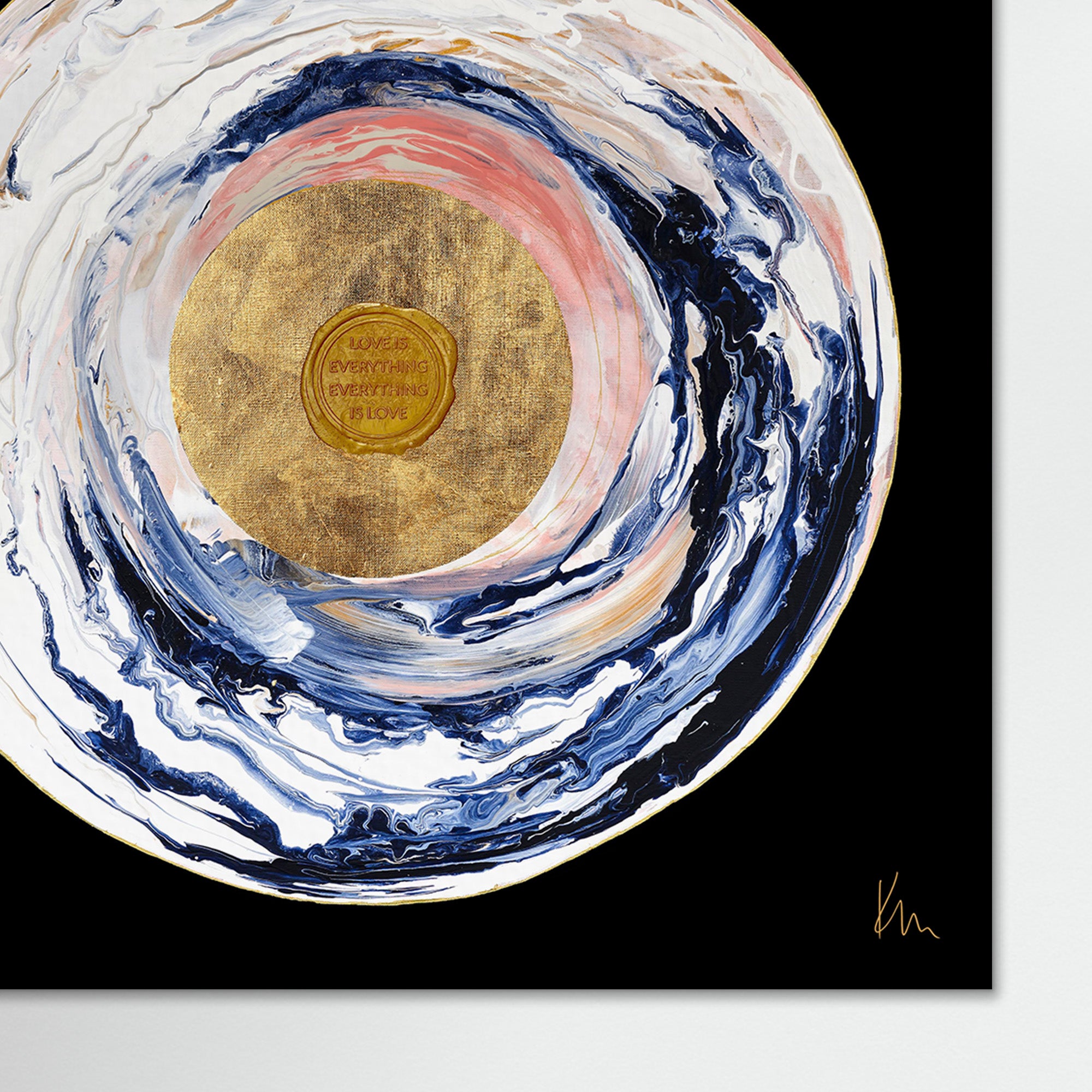 Introducing 'Love Sublime' by Kate Mayer, an abstract art piece that features swirling patterns in navy, white, and peach surrounding a gold circle on a sleek black canvas.