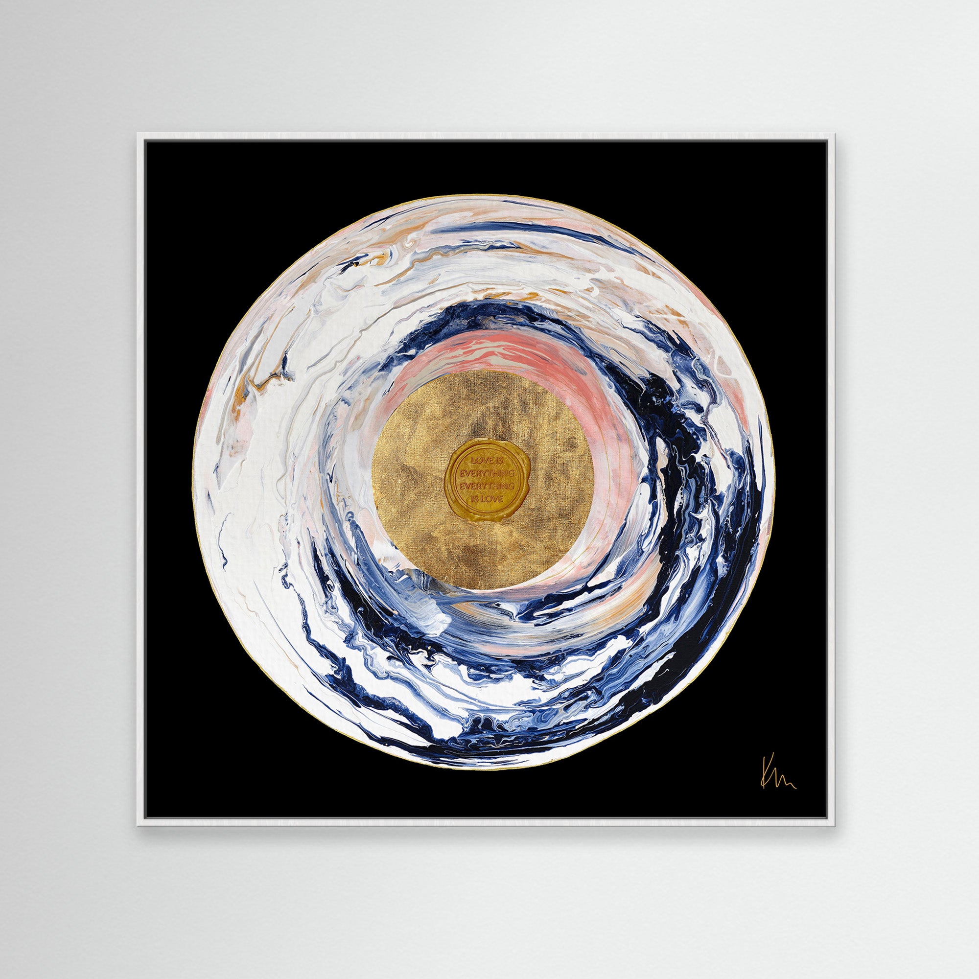 The art piece "Love Sublime" by Kate Mayer features a captivating swirl of white, pink, and navy tones with a gold center, all set against a striking black backdrop.