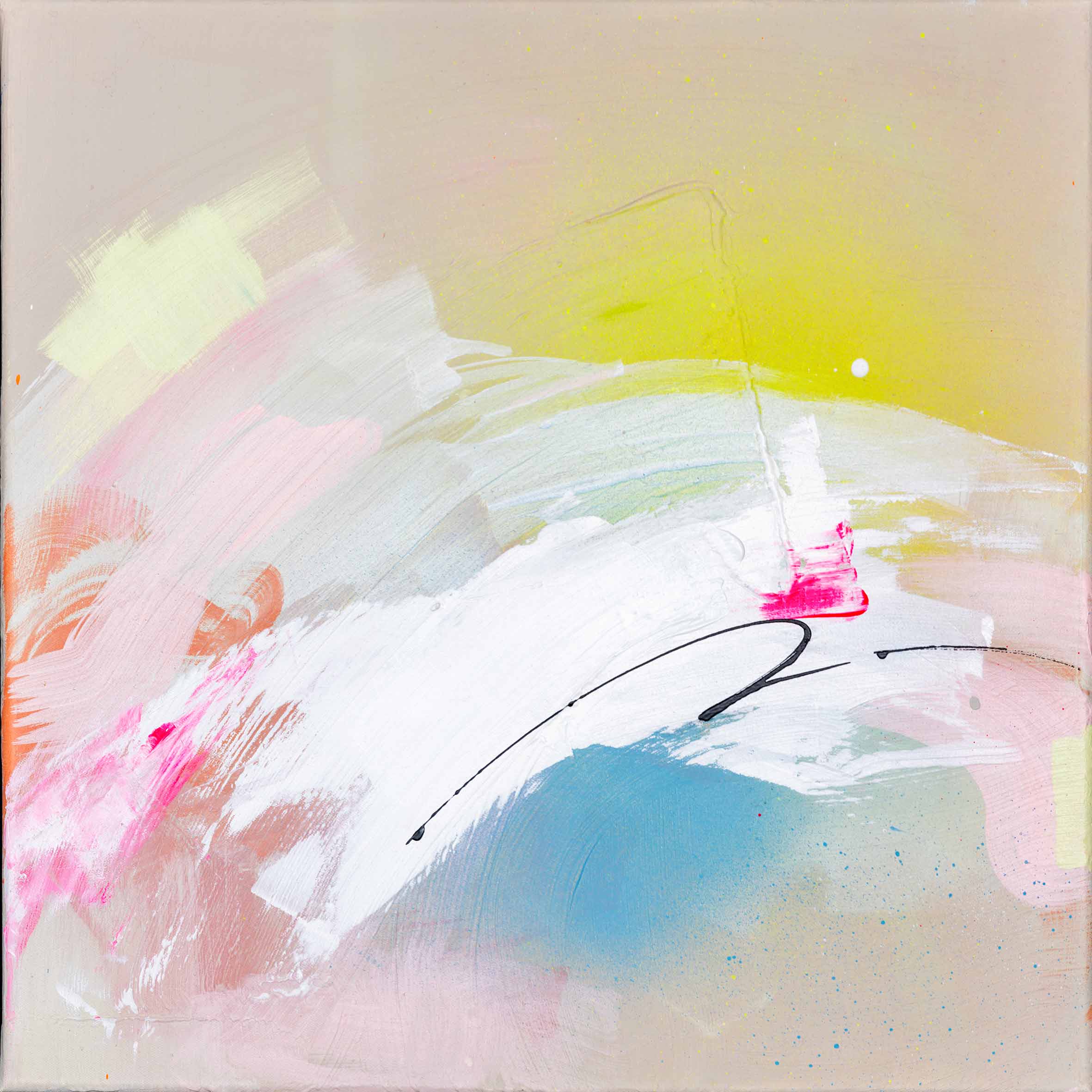Introducing the "Miami Beach - Original Painting" by Kate Mayer, an abstract work showcasing swirls of pink, white, yellow, and blue. It features dynamic brush strokes and fluid motions crafted with acrylic and spray paint.
