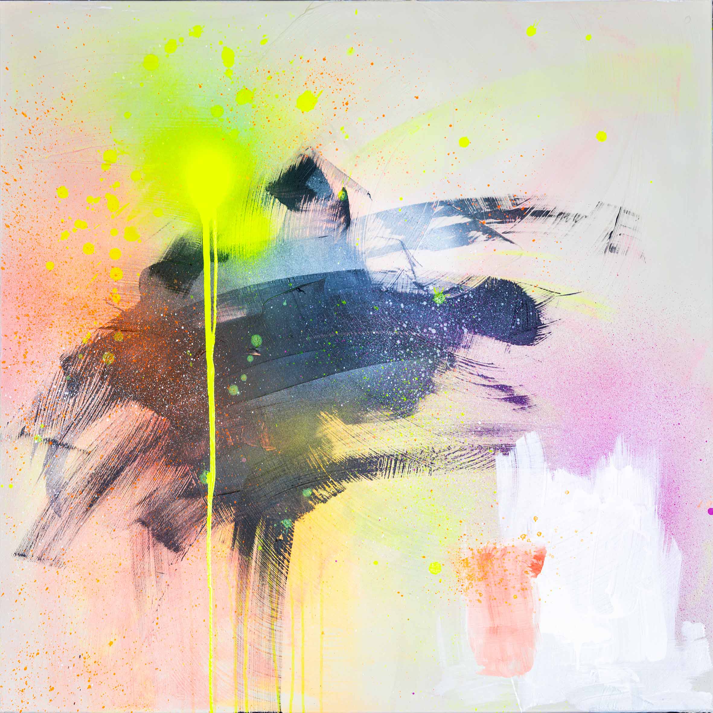 The Miami Vibes - Original Painting by Kate Mayer is a contemporary art piece that showcases vibrant neon yellow, orange, and black brush strokes on a pastel background, capturing the energetic essence of Miami-inspired art.