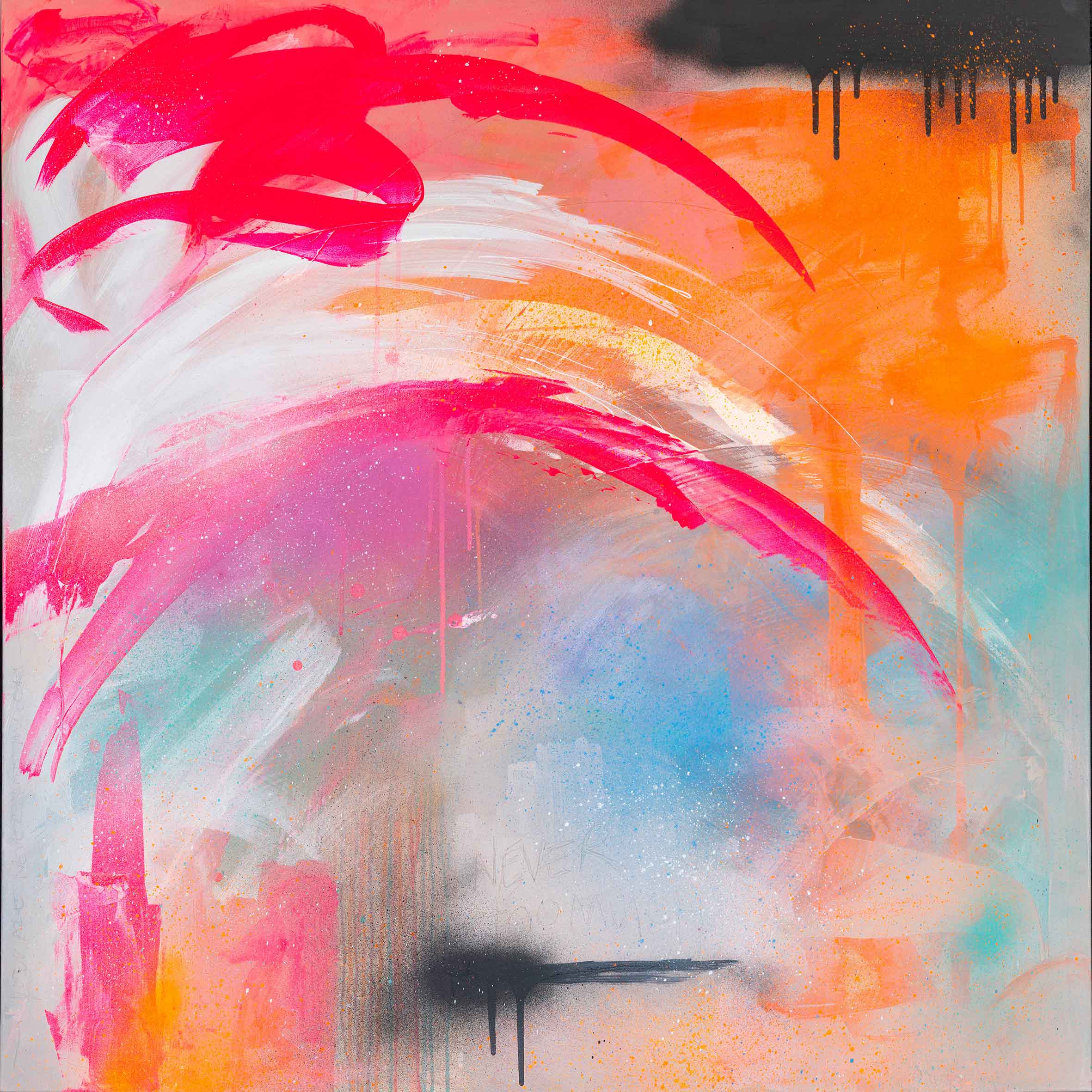 The "Never Too Much - Original Painting" by Kate Mayer features dynamic brushstrokes in bold pink, orange, and white hues, complemented by subtle blue accents and black drips. This artwork is meticulously crafted using acrylic and spray paint.