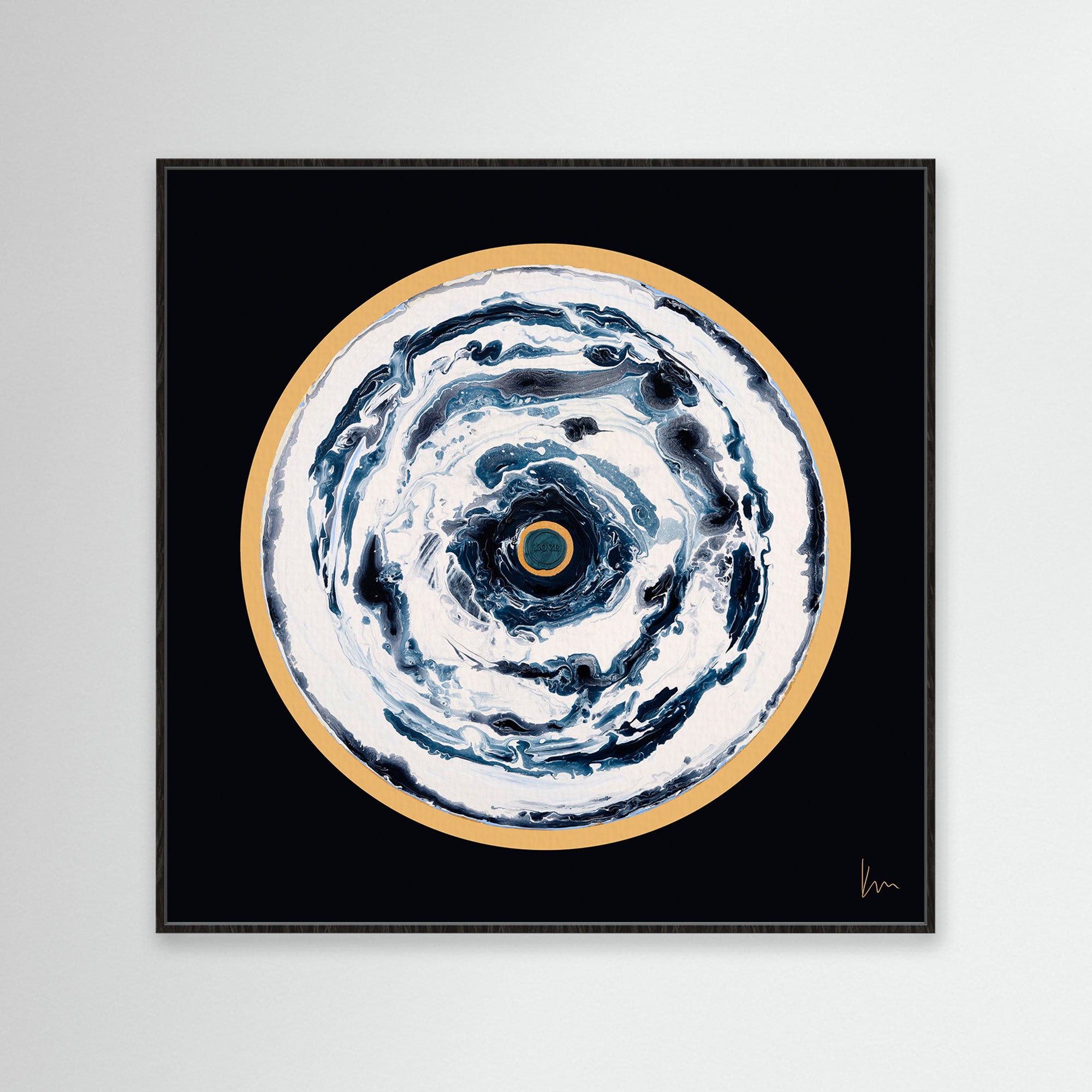 Oceans Of Love by Kate Mayer is an abstract painting featuring a swirling circle with blue, white, and gold hues set against a black background, evoking a sense of mystery and elegance.