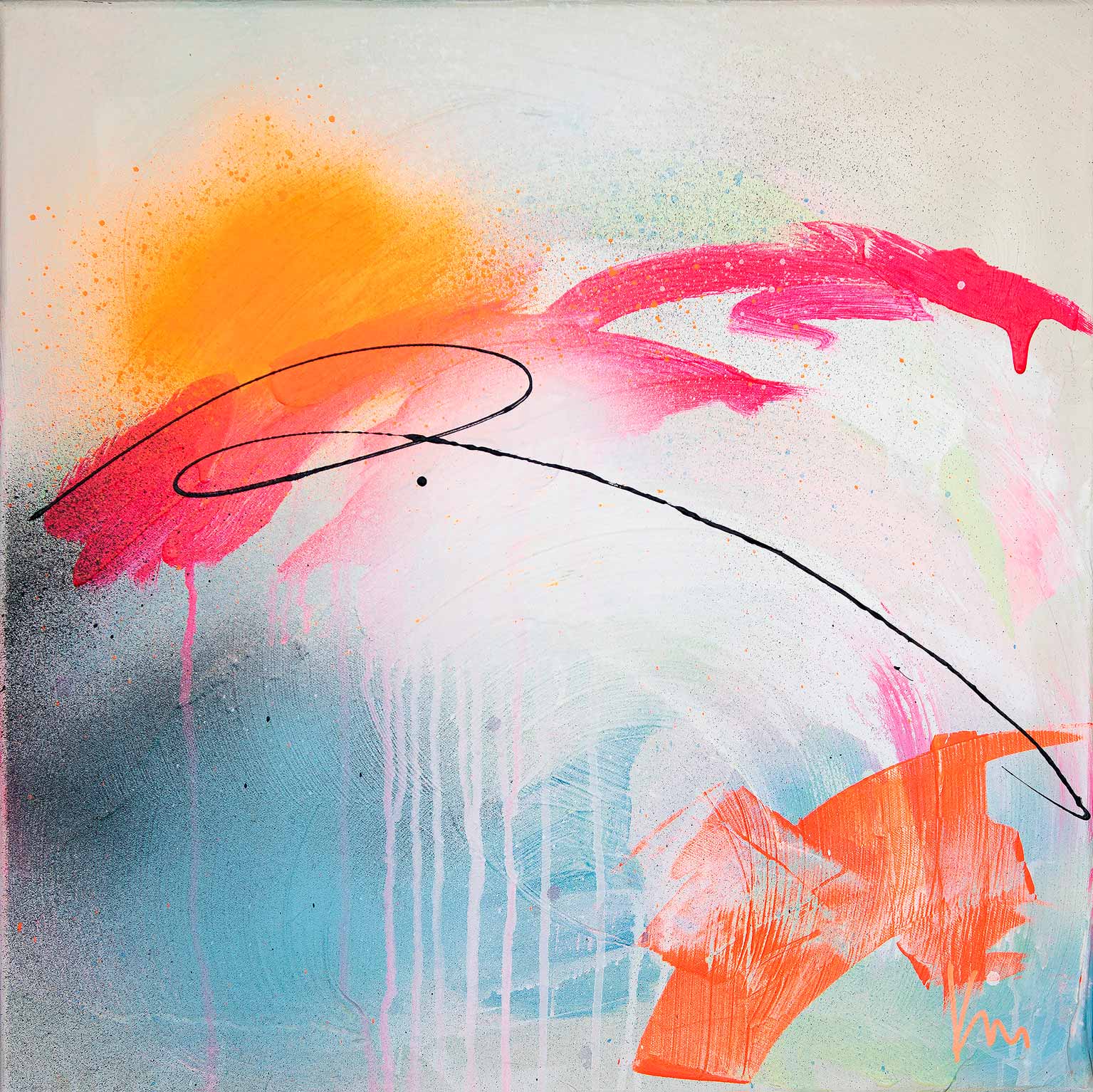 The "Rise & Shine Bright - Original Painting" by Kate Mayer features bright splashes of orange and pink, a black curved line, and a blue and white backdrop with dripping acrylic and spray paint.