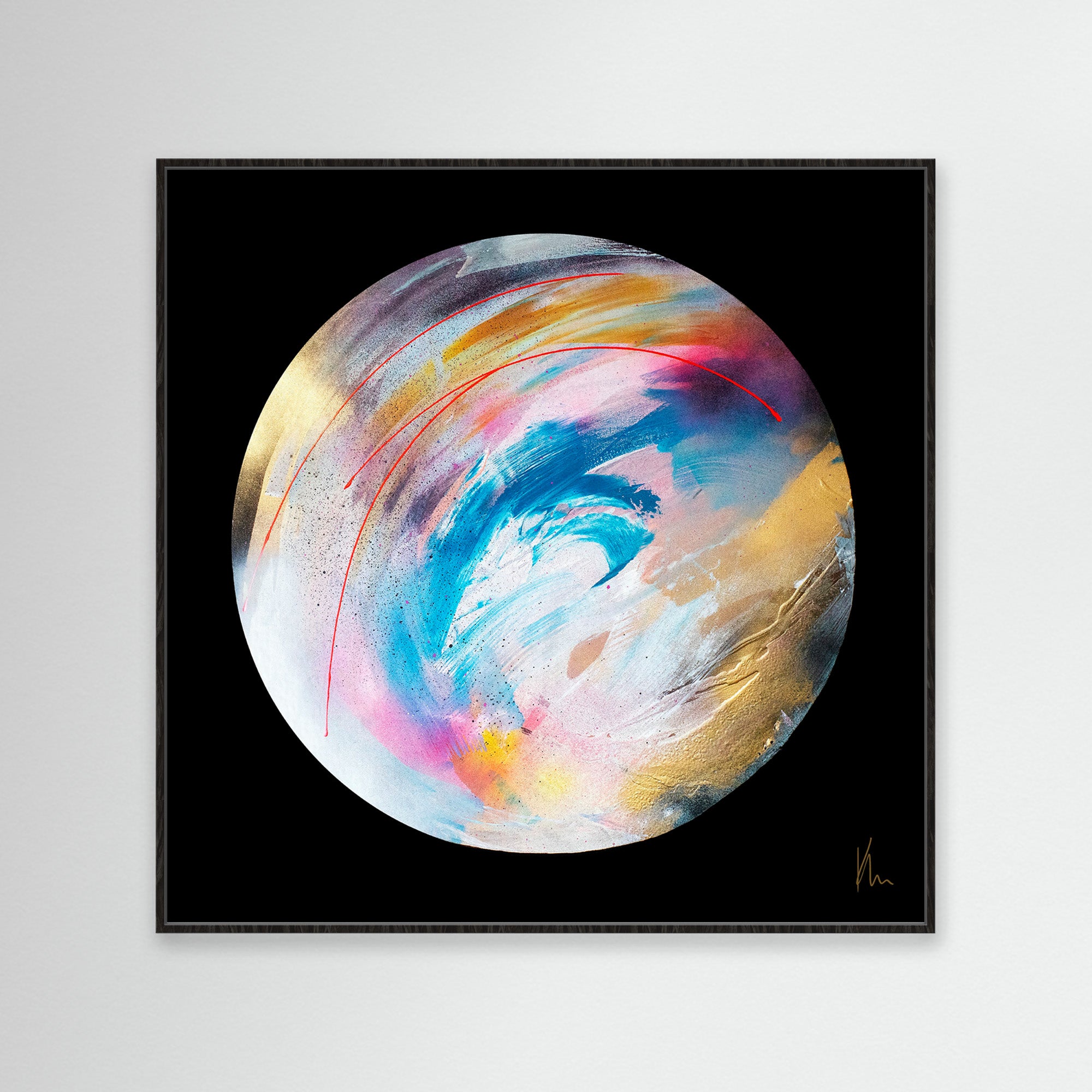 The "Speak Your Truth" round abstract painting by Kate Mayer showcases swirls of vibrant colors, including blue, pink, yellow, and white, set against a black background.