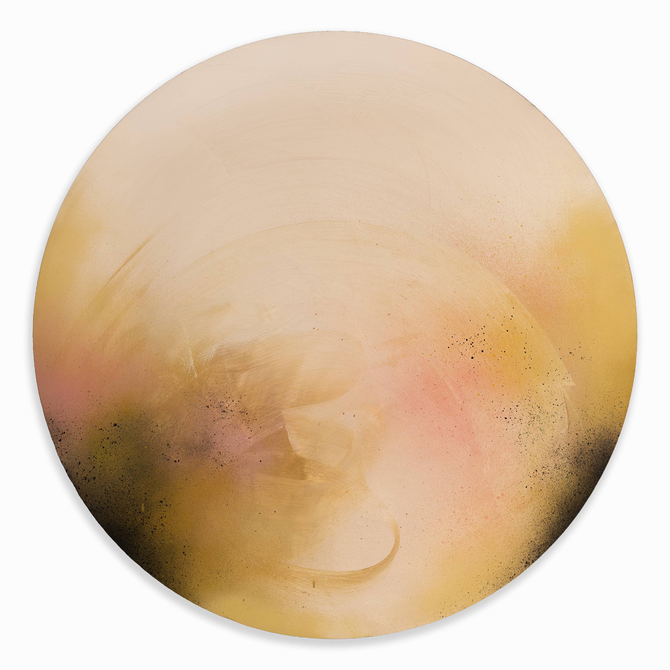 “You Made The Moon Our Mirrorball” by Kate Mayer: a round abstract painting with beige, yellow, pink & black swirls.