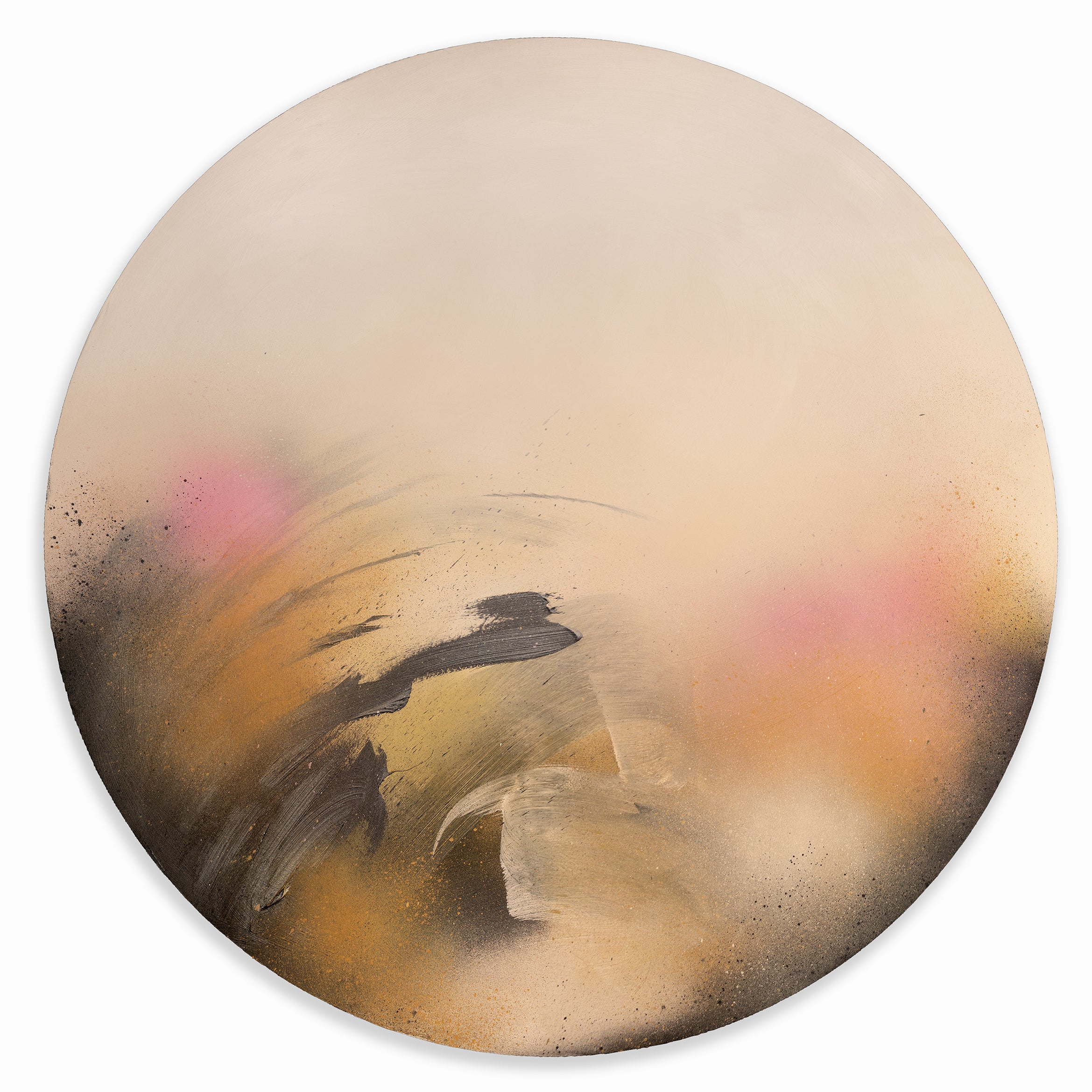 Bloodflow" by Kate Mayer: Circular plywood panel with abstract beige, black, yellow & pink acrylic brushstrokes.