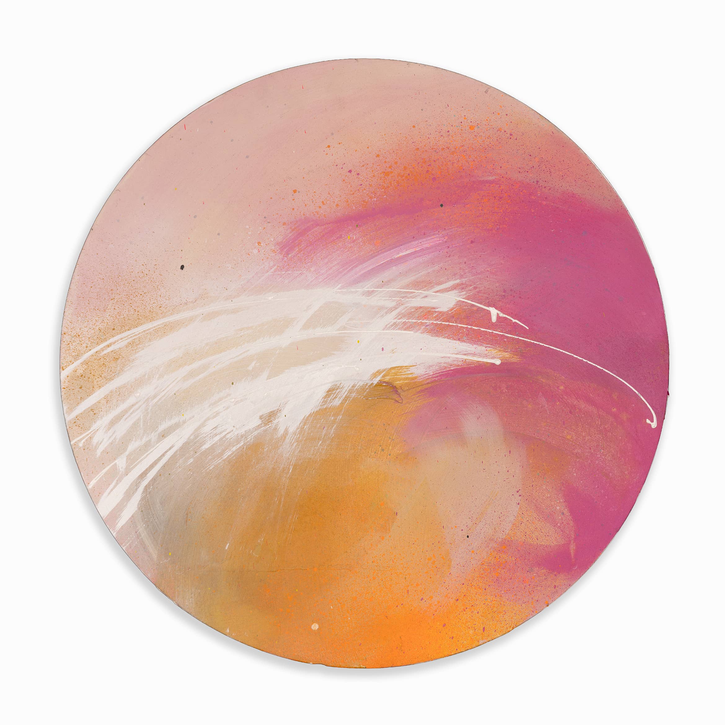 Shine On" by Kate Mayer: Circular abstract painting with pink, orange, yellow hues & sweeping white brushstrokes on wood.