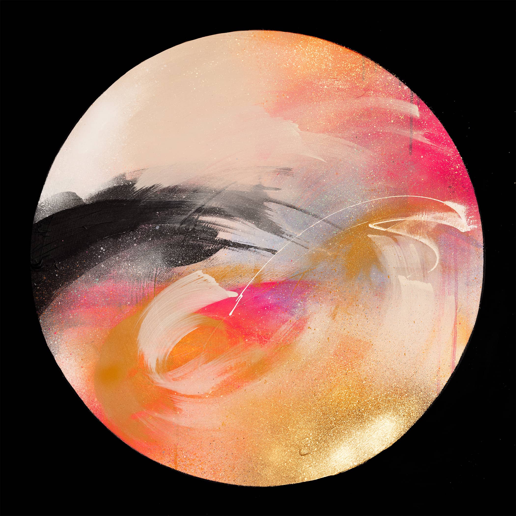Passion" by Kate Mayer: A round abstract acrylic painting with gold, pink, black & white swirls on a black background.