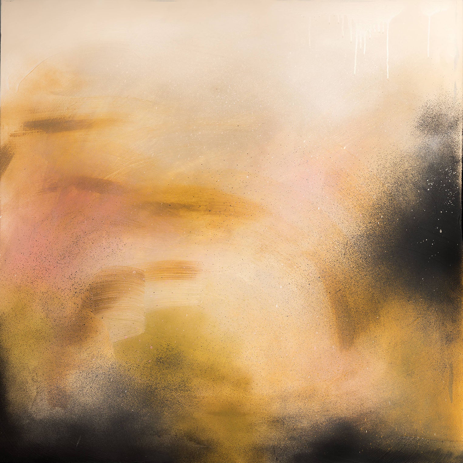 Everything In Its Right Place" by Kate Mayer: original abstract with soft swirls of beige, yellow, black & pink.