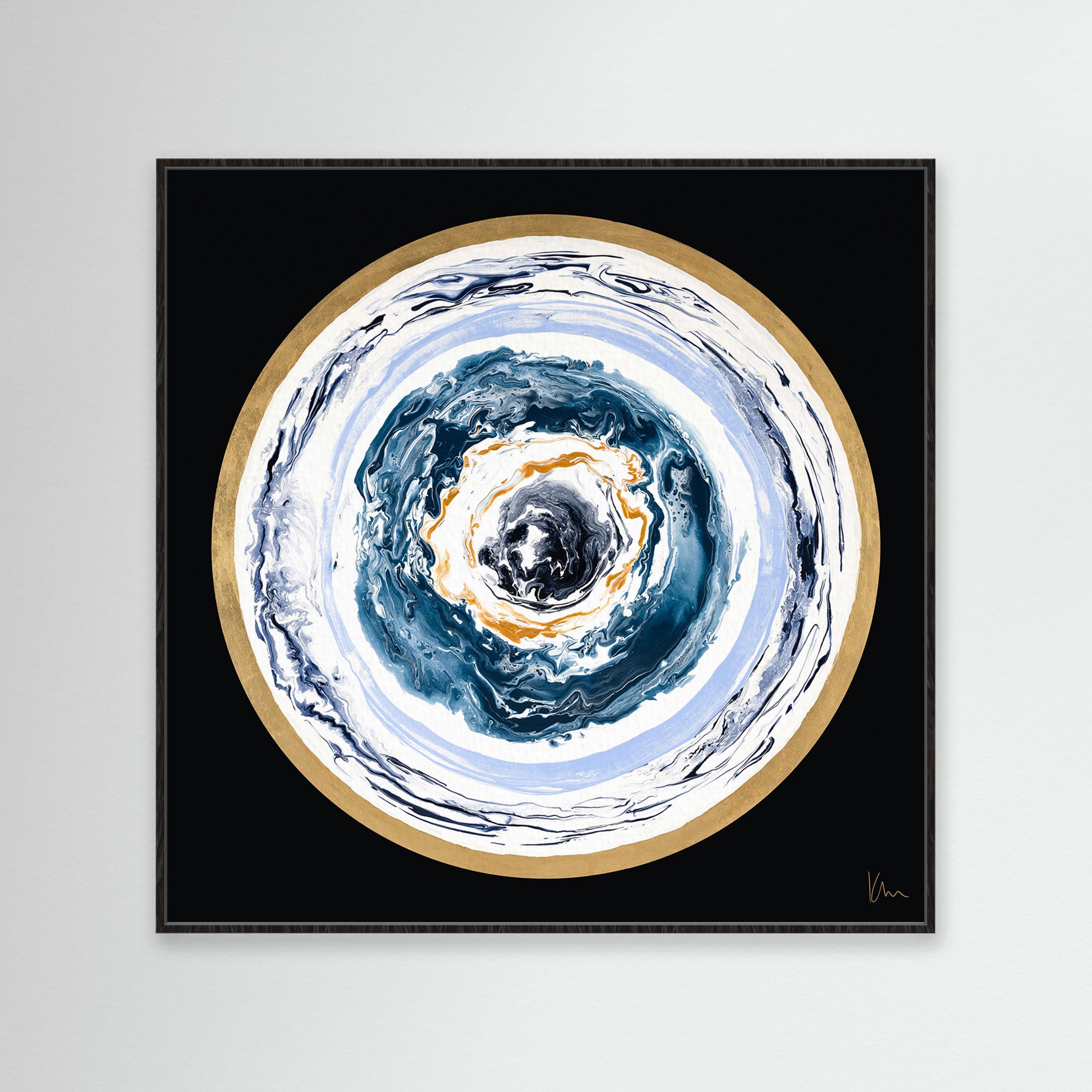 The "Universal Love" painting by Kate Mayer is a circular abstract masterpiece featuring concentric layers in shades of blue, white, gold, and black. This captivating artwork resembles a mesmerizing vortex or spiral and evokes a profound sense of movement and depth.