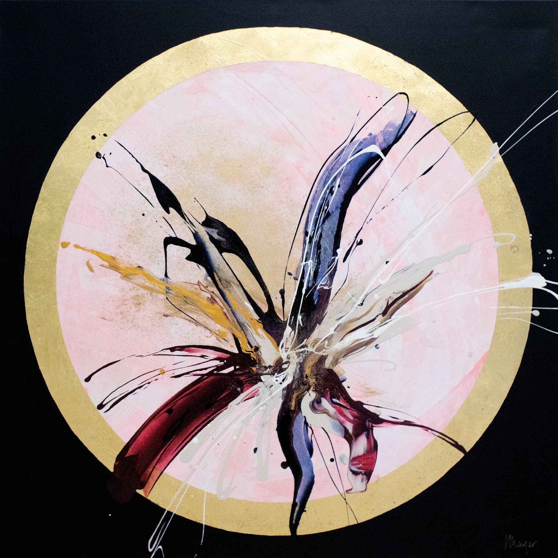 Introducing "Innervisions" by Kate Mayer, an original painting that captures dynamic splashes of color with acrylic and gold leaf. Set against a black background, this masterpiece features a shimmering gold circle that evokes an explosion of vibrant creativity.