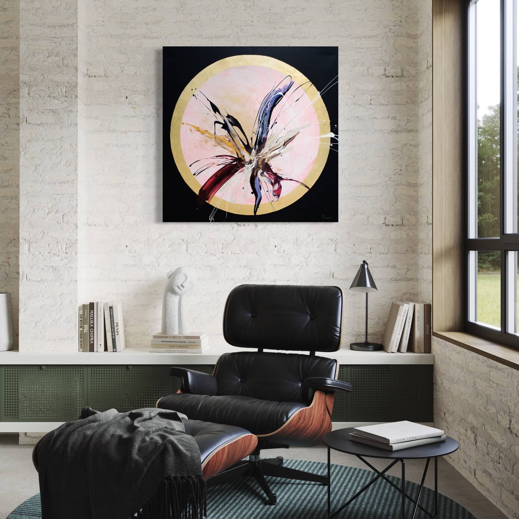 Modern living room showcasing a sleek black lounge chair alongside "Innervisions," an original painting by Kate Mayer, created with acrylic and gold leaf. A large window invites natural light to enhance this stunning artwork.