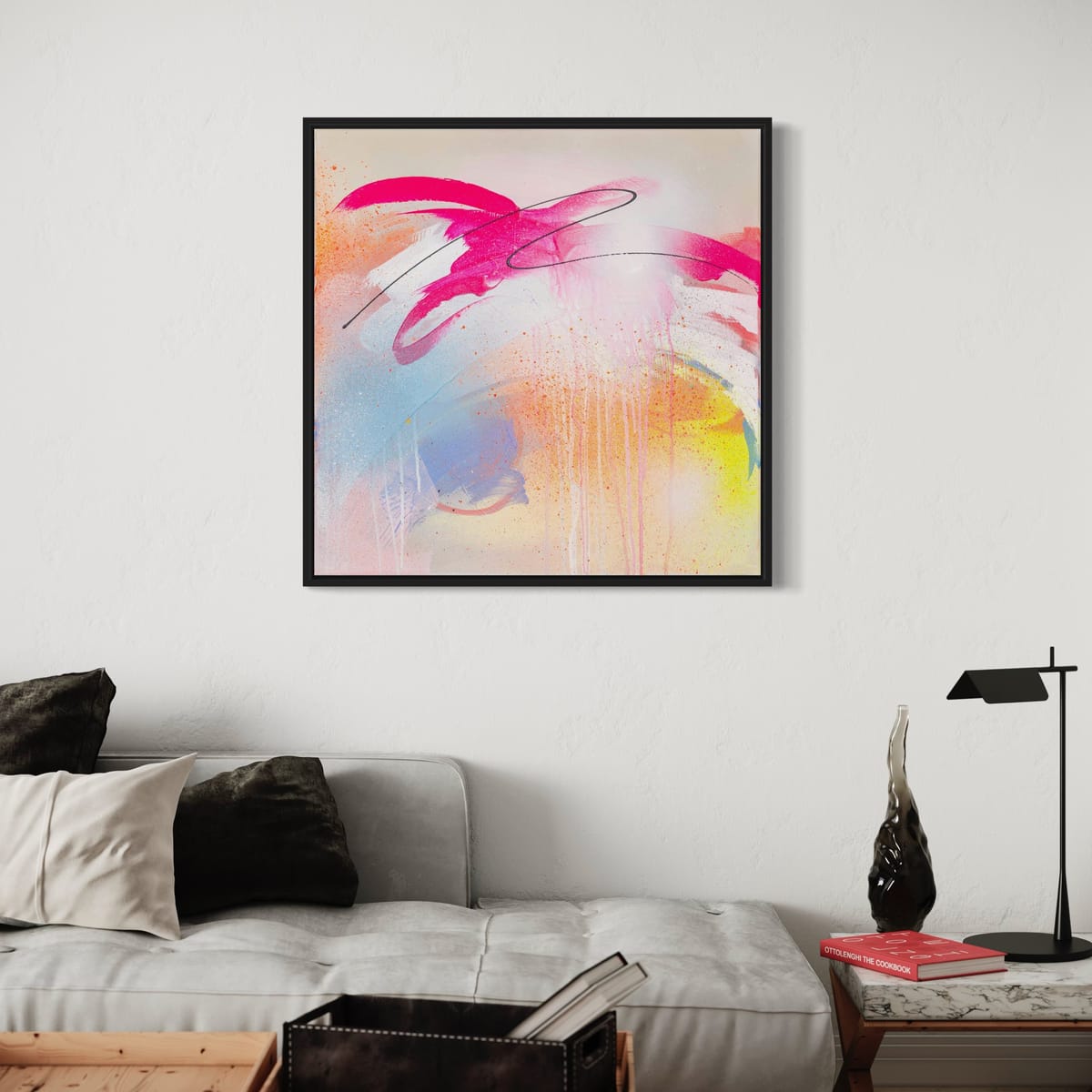 Hell Yeah - Original Painting by Kate Mayer showcases dynamic swirls of vibrant pink, orange, and blue with fluorescent paint. This captivating piece enhances the wall above a modern sofa adorned with pillows and accompanied by a side table, infusing any contemporary space with artistic flair.
