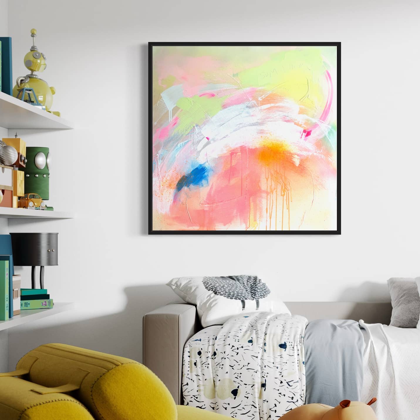 The Pure Joy - Original Painting by Kate Mayer, a vibrant combination of acrylic and spray paint on canvas, hangs above a bed in a bright, modern room. Shelves with books and toys are on the left, while the artwork is elegantly framed in a black wooden float frame.