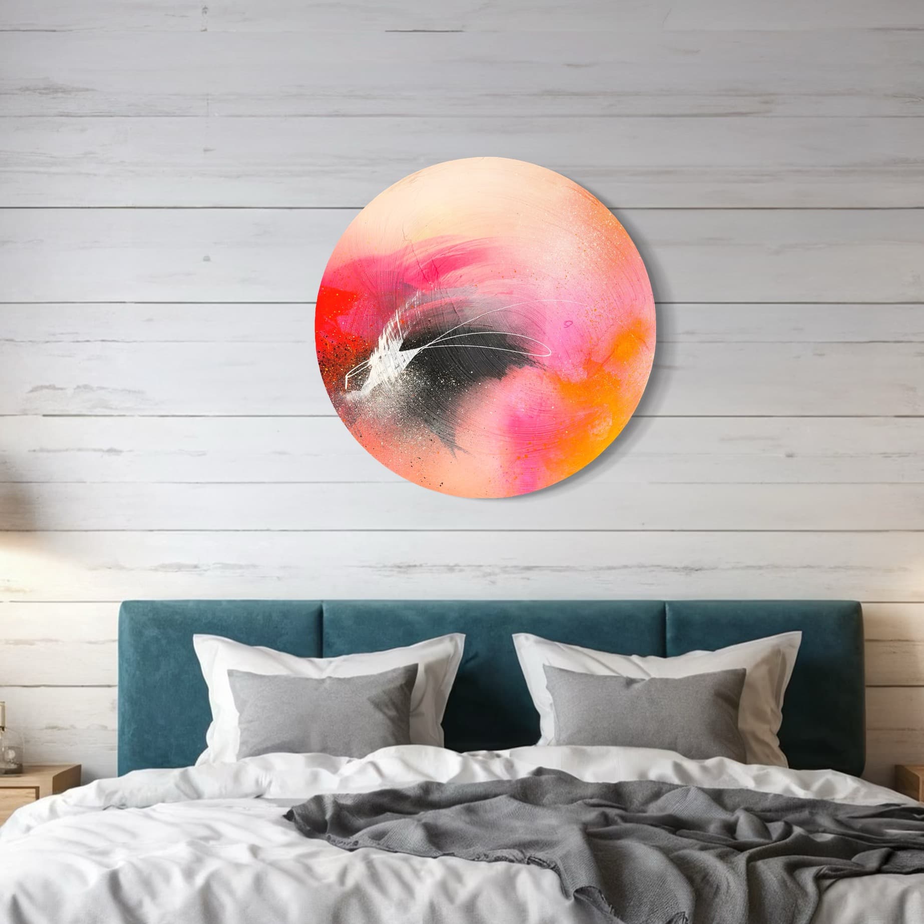 The teal-upholstered bed is topped with "Set The World On Fire" by Kate Mayer, featuring pink, red, and orange tones.