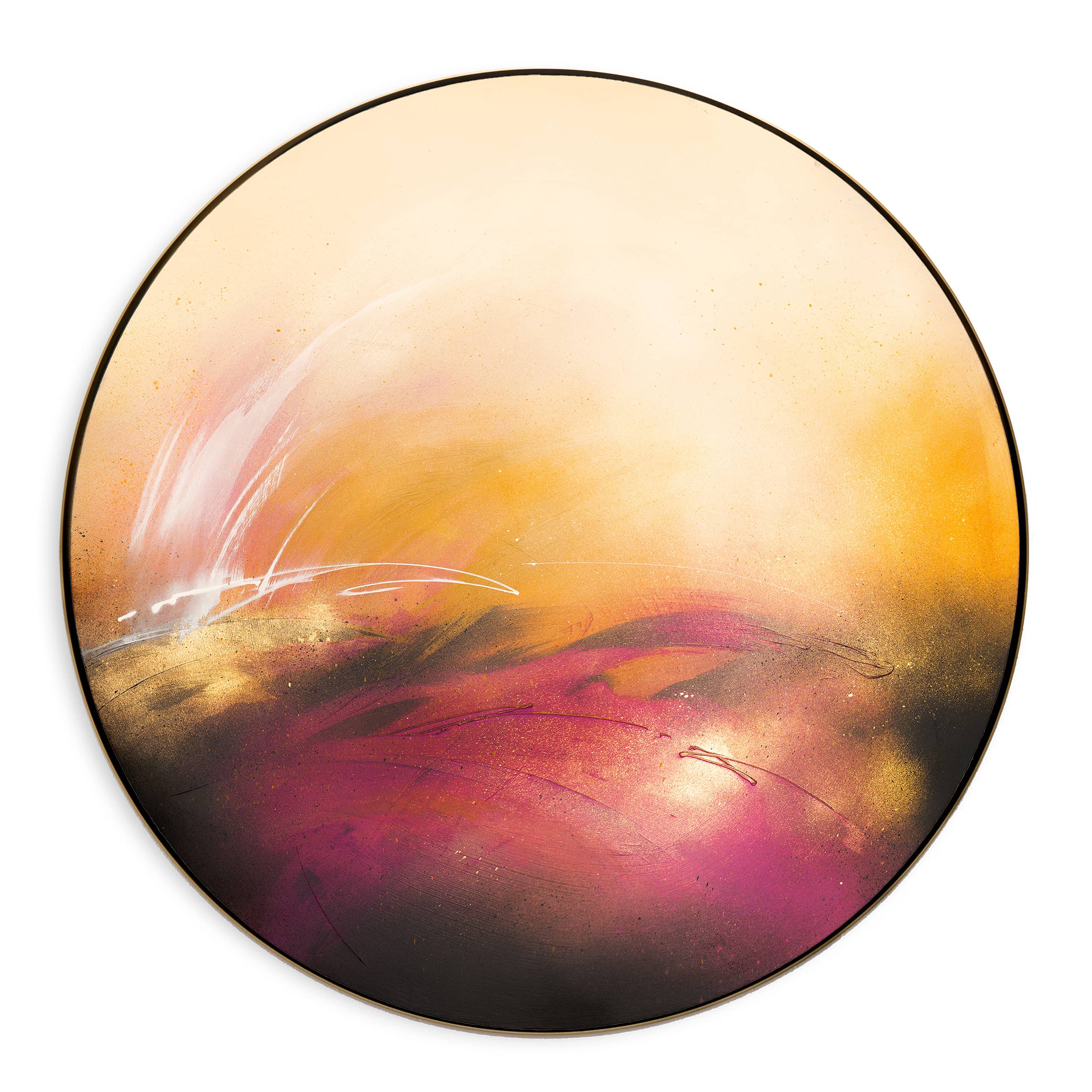 “It’s Alright, I Feel It” by Kate Mayer—a striking abstract with swirling gold, orange, and purple hues.