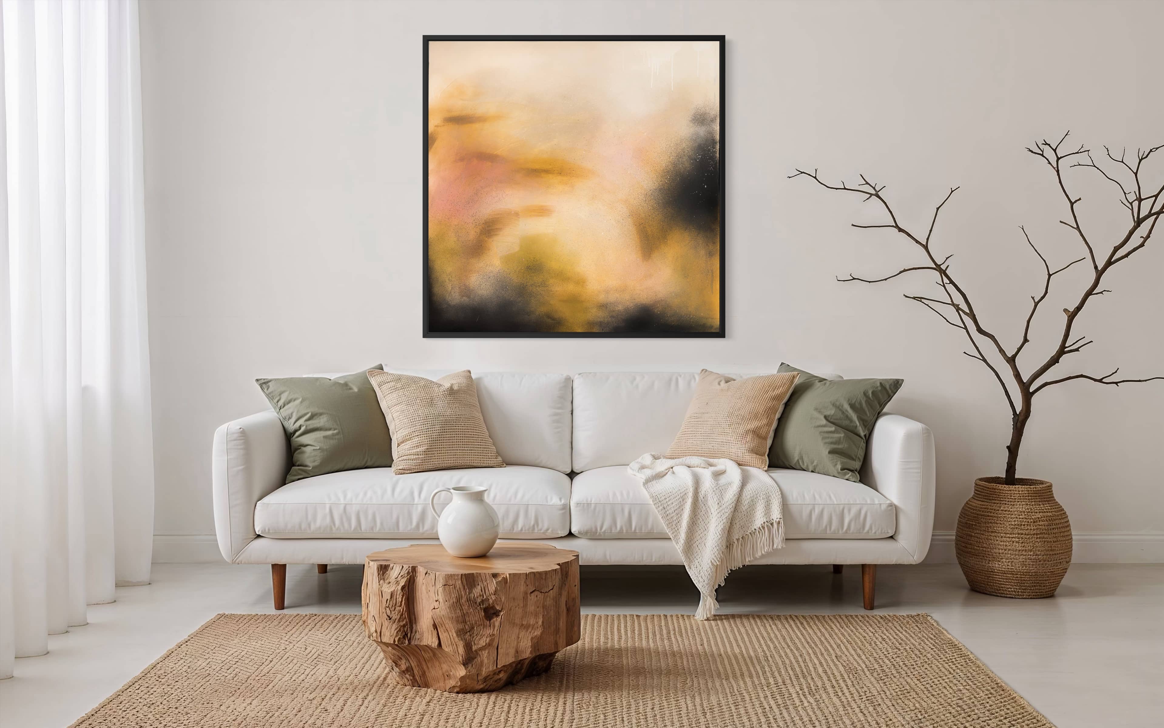 Modern living room with a white sofa, neutral pillows, and Kate Mayer's "Everything In Its Right Place" wall art.