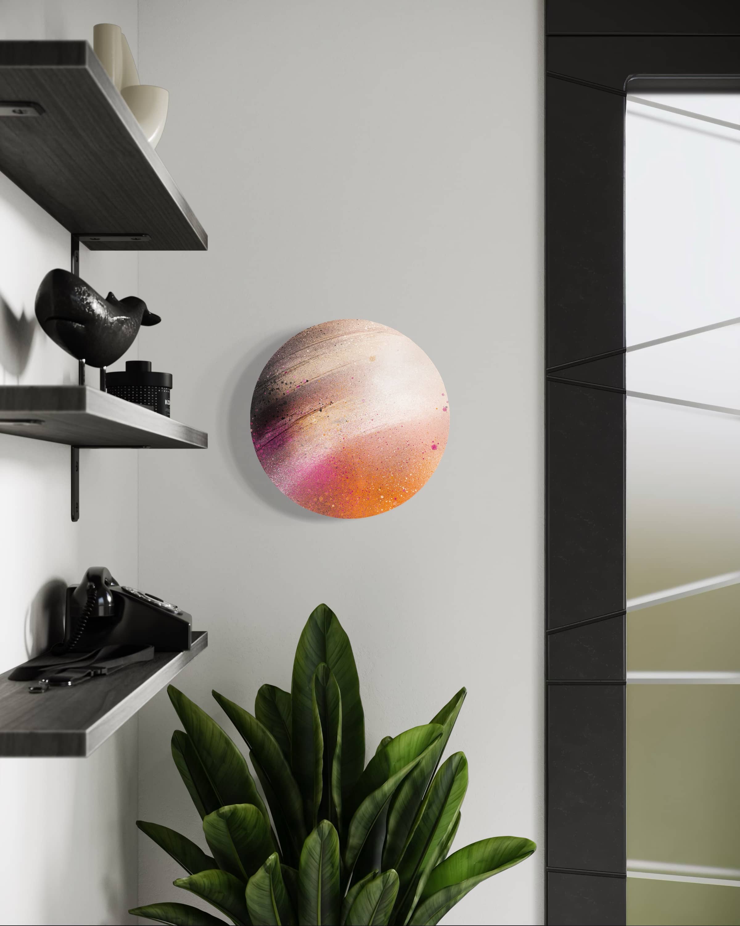 The painting "Heaven" by Kate Mayer hangs above a houseplant, near shelves and a modern glass door.