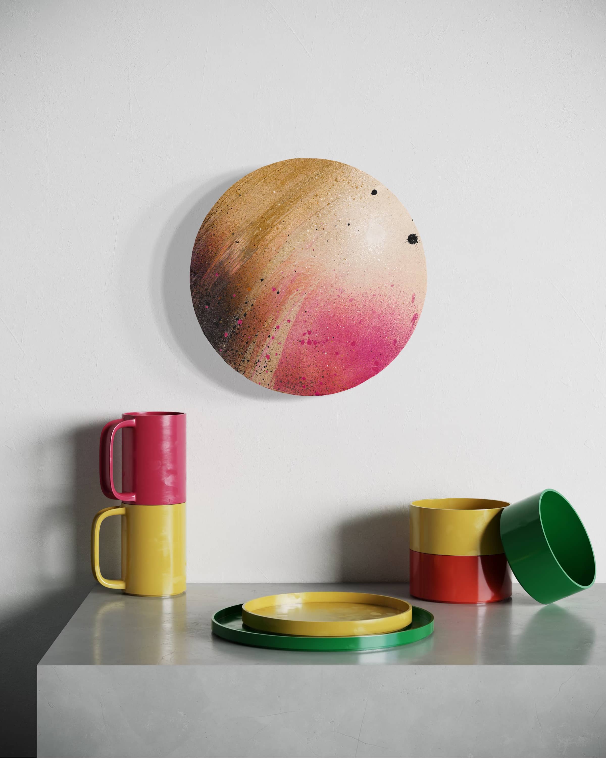 Holocene by Kate Mayer: round, colorful acrylic on plywood wall art above a table with stacked colorful dishes.