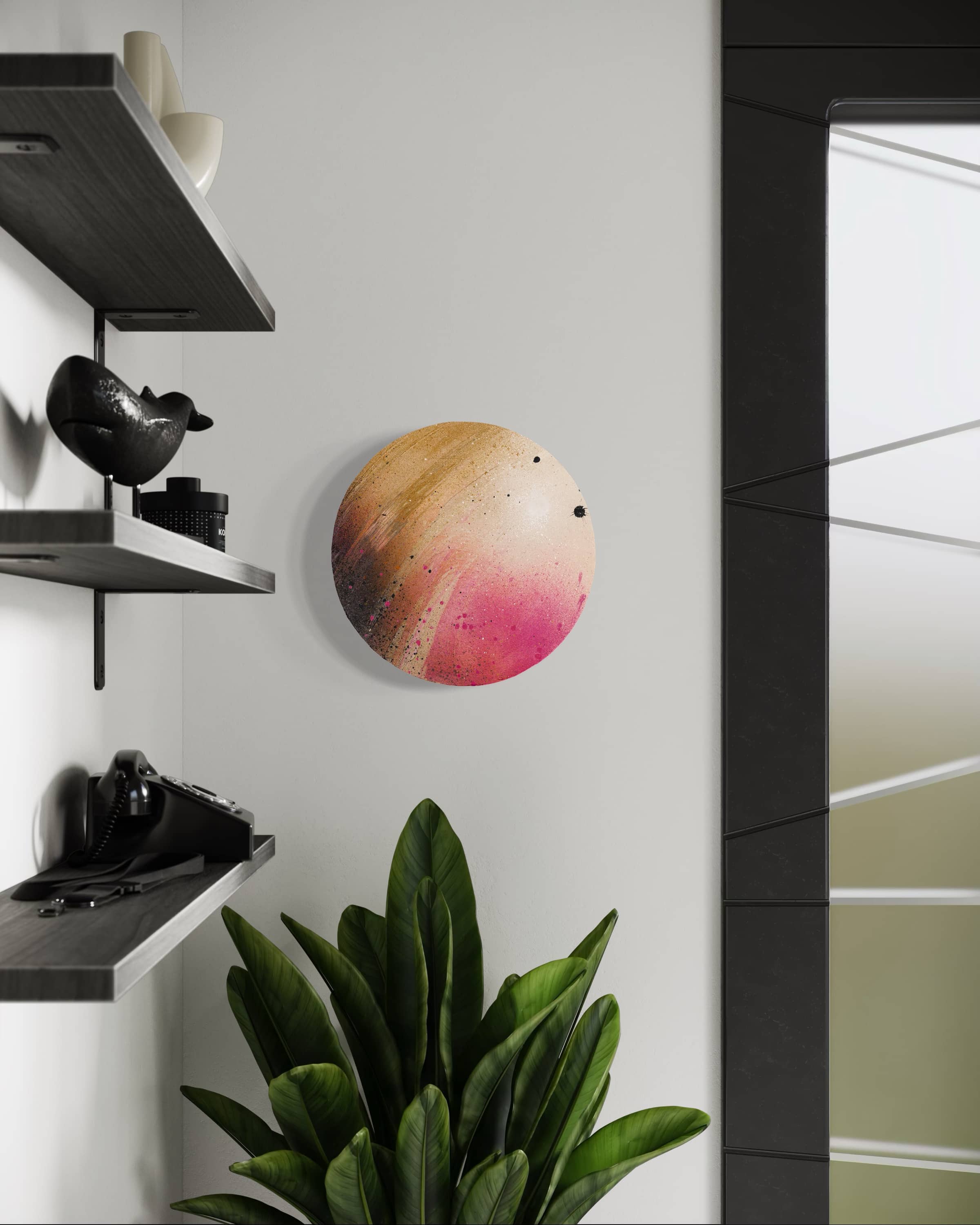 Holocene," an abstract acrylic on plywood by Kate Mayer, hangs above a green plant near shelves and a large window.