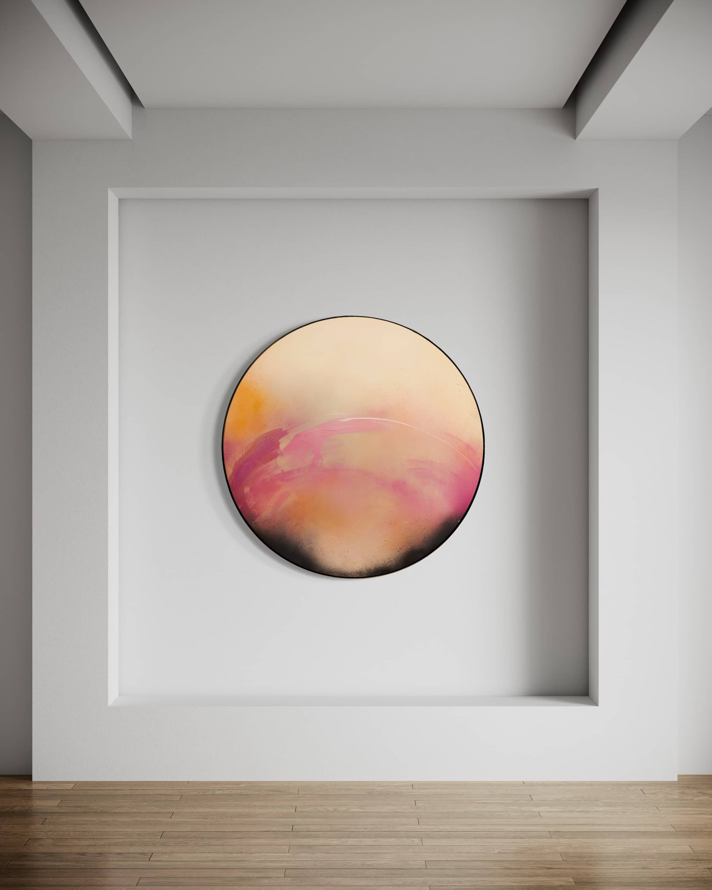 I Wait With Good Intentions" by Kate Mayer, a round acrylic on plywood in pink, orange & cream, hangs on a white wall.