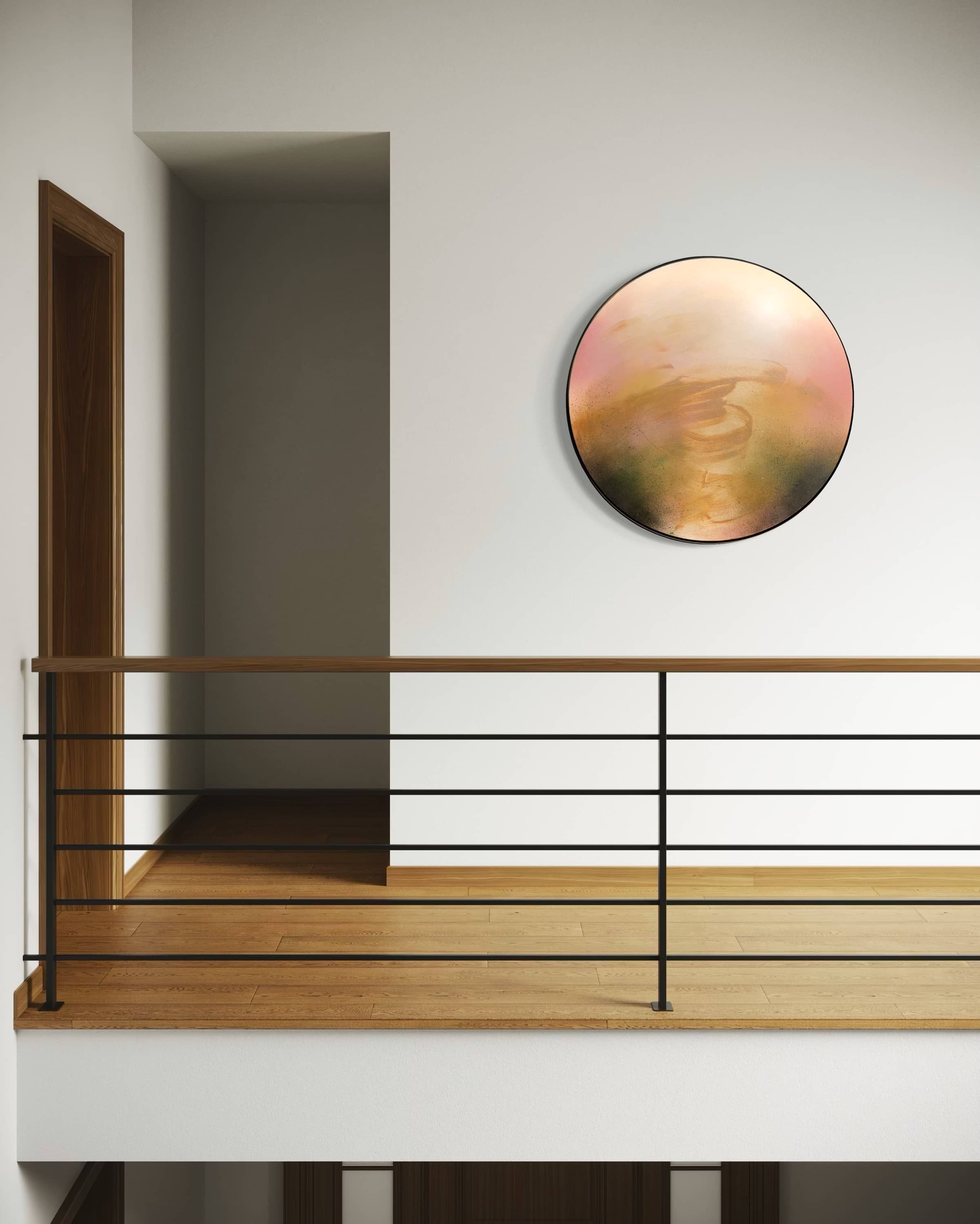 The Kindling circular plywood art piece by Kate Mayer hangs above a modern wooden floor and black metal railing.