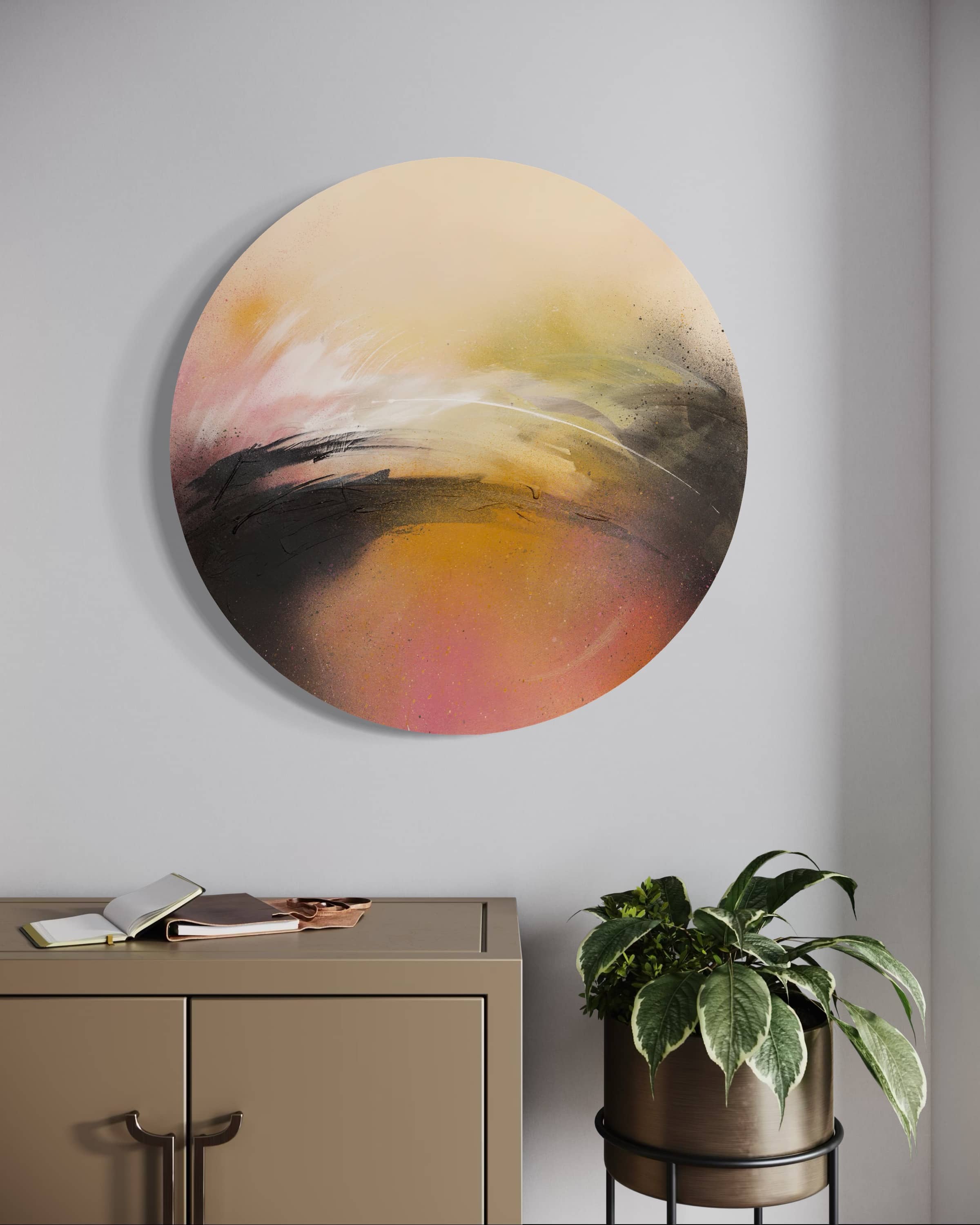 One Day Like This" by Kate Mayer hangs above a beige cabinet and leafy plant in this modern room.