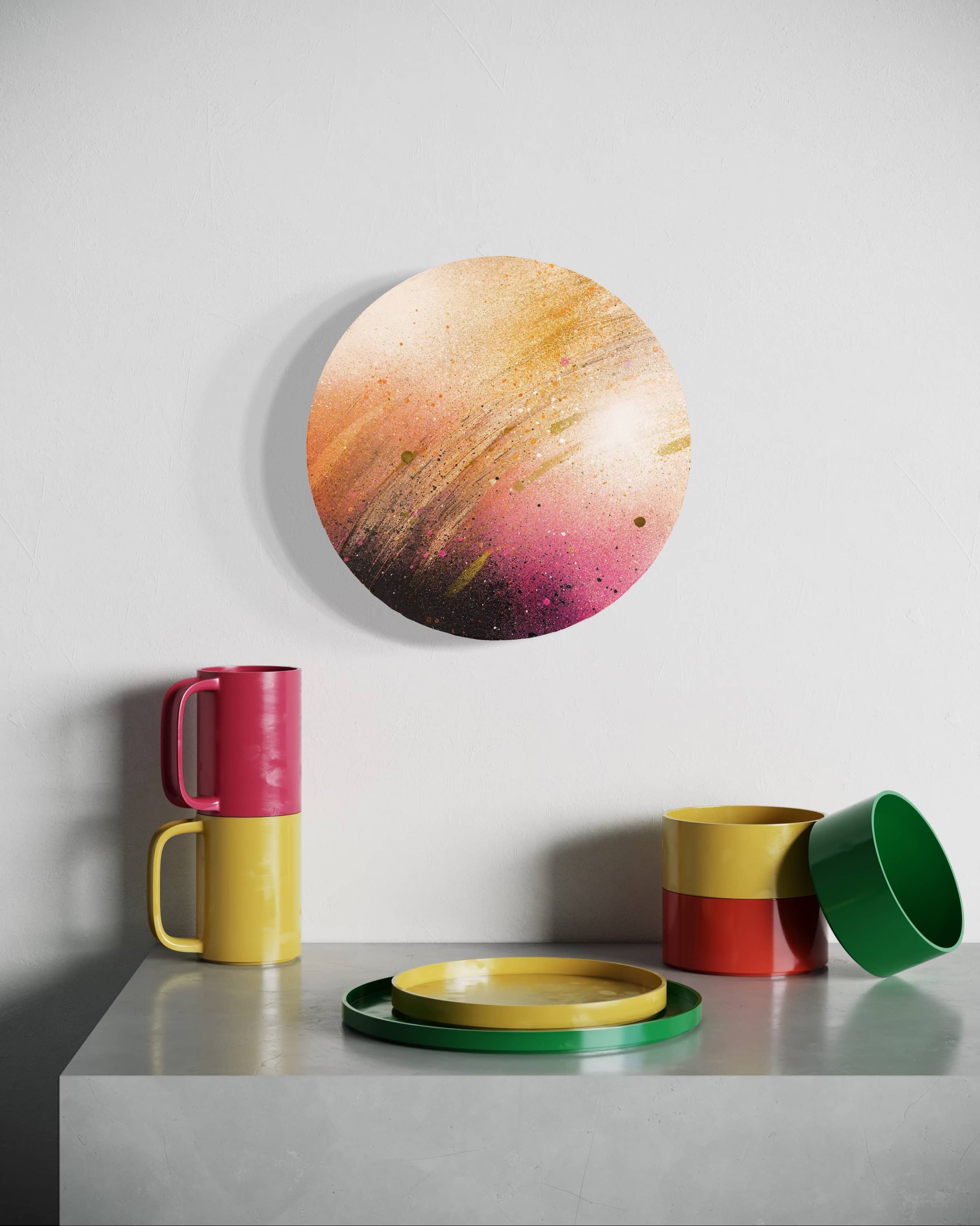 Potamoi mugs, plates, and bowls by Kate Mayer sit on gray; her abstract painting in warm tones hangs above.