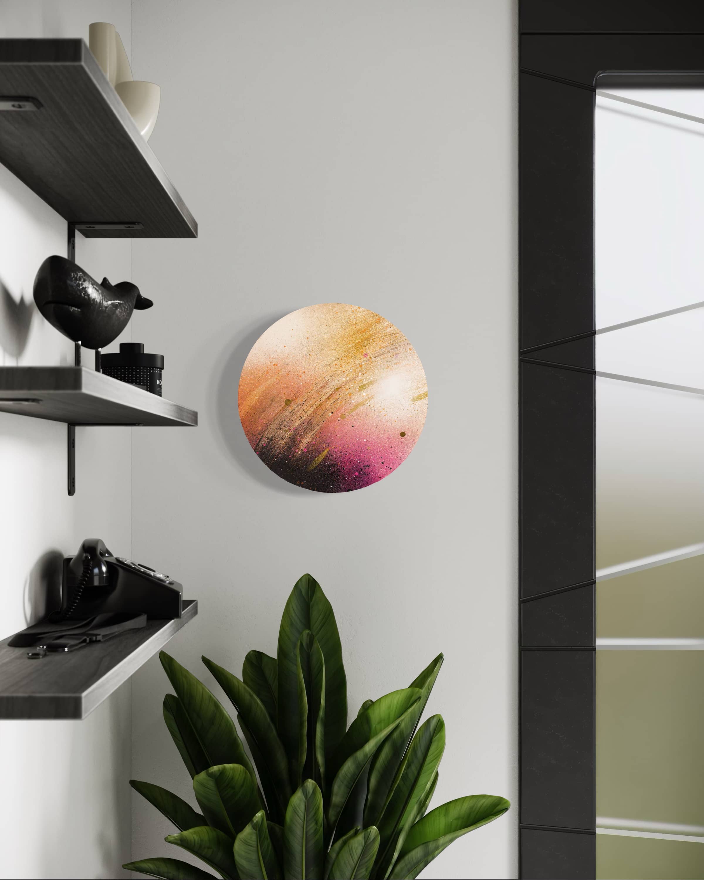 Potamoi by Kate Mayer, a round abstract painting with warm colors, hangs above a green plant near shelves and a window.