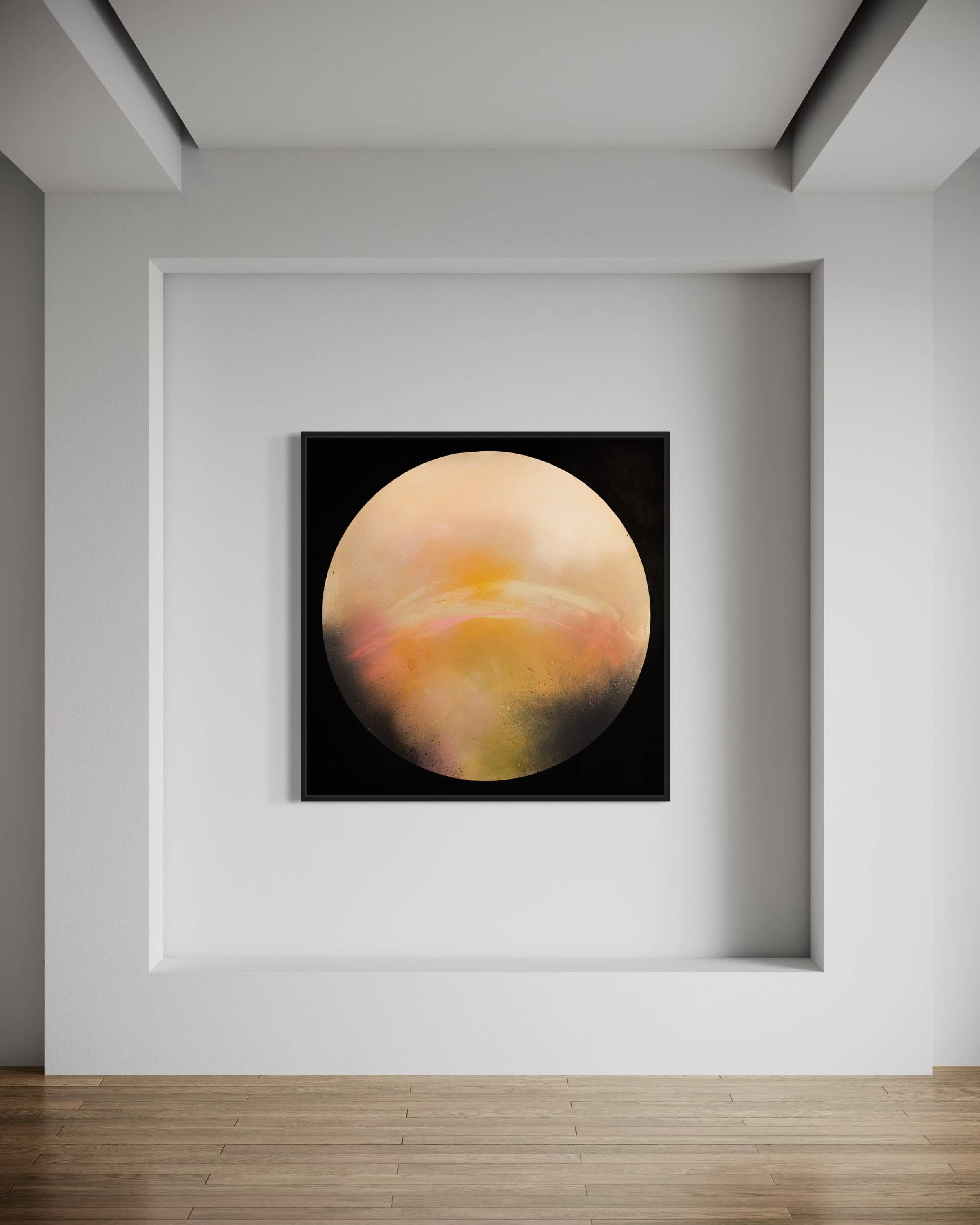 The "Sun It Rises" by Kate Mayer hangs in a modern, minimalist room with soft pastel hues.
