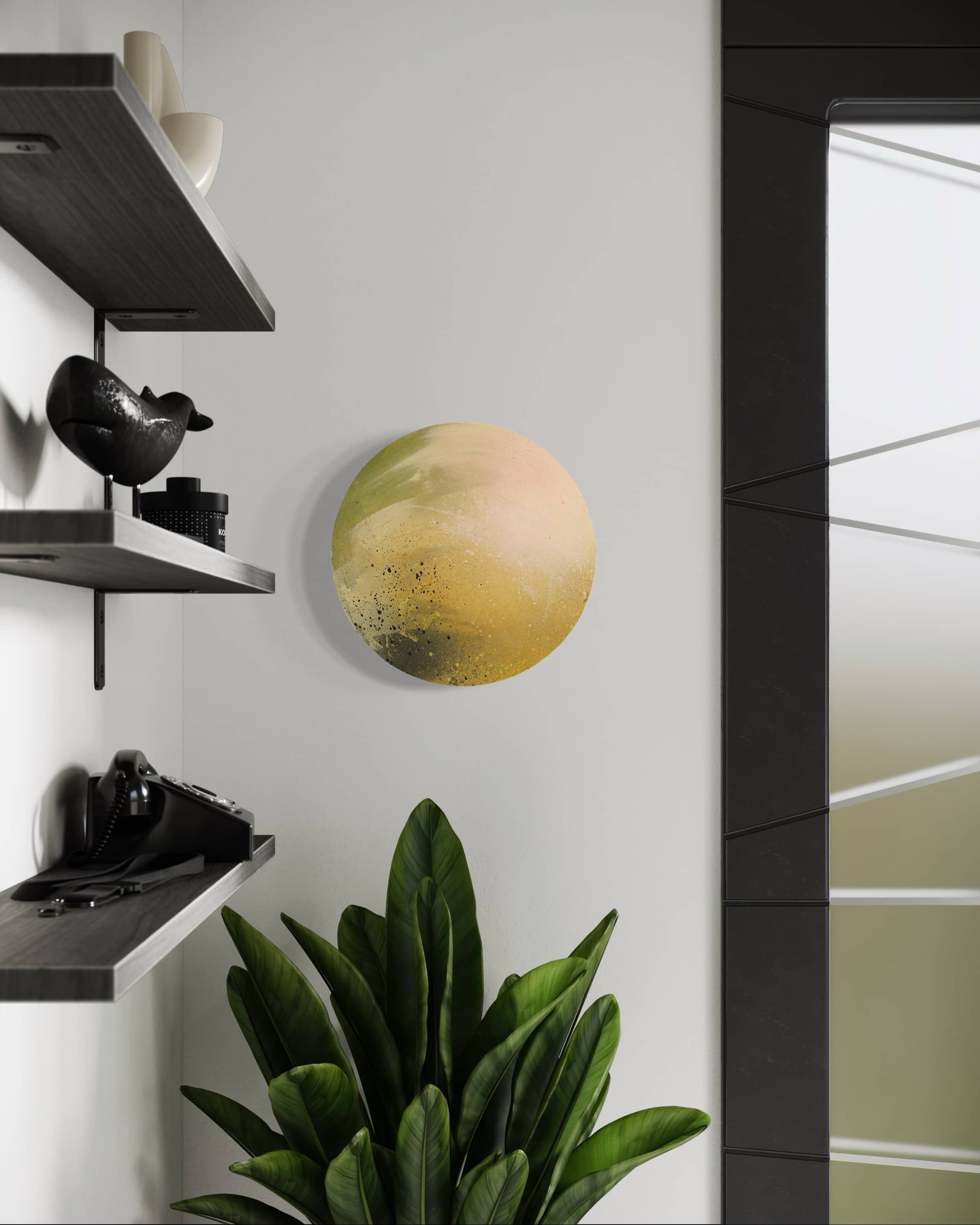 A green houseplant sits below Kate Mayer's "Twin Moons On A Millpond" near shelves and a large window.