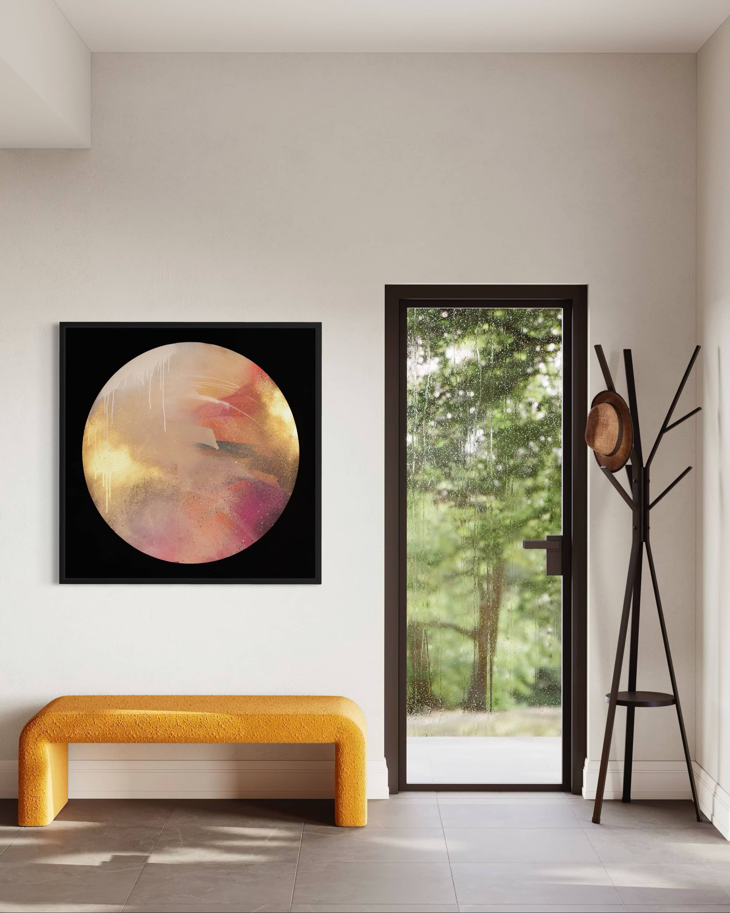 Modern entryway with yellow bench, "Where Love Lives" art by Kate Mayer, and greenery beyond the glass door.