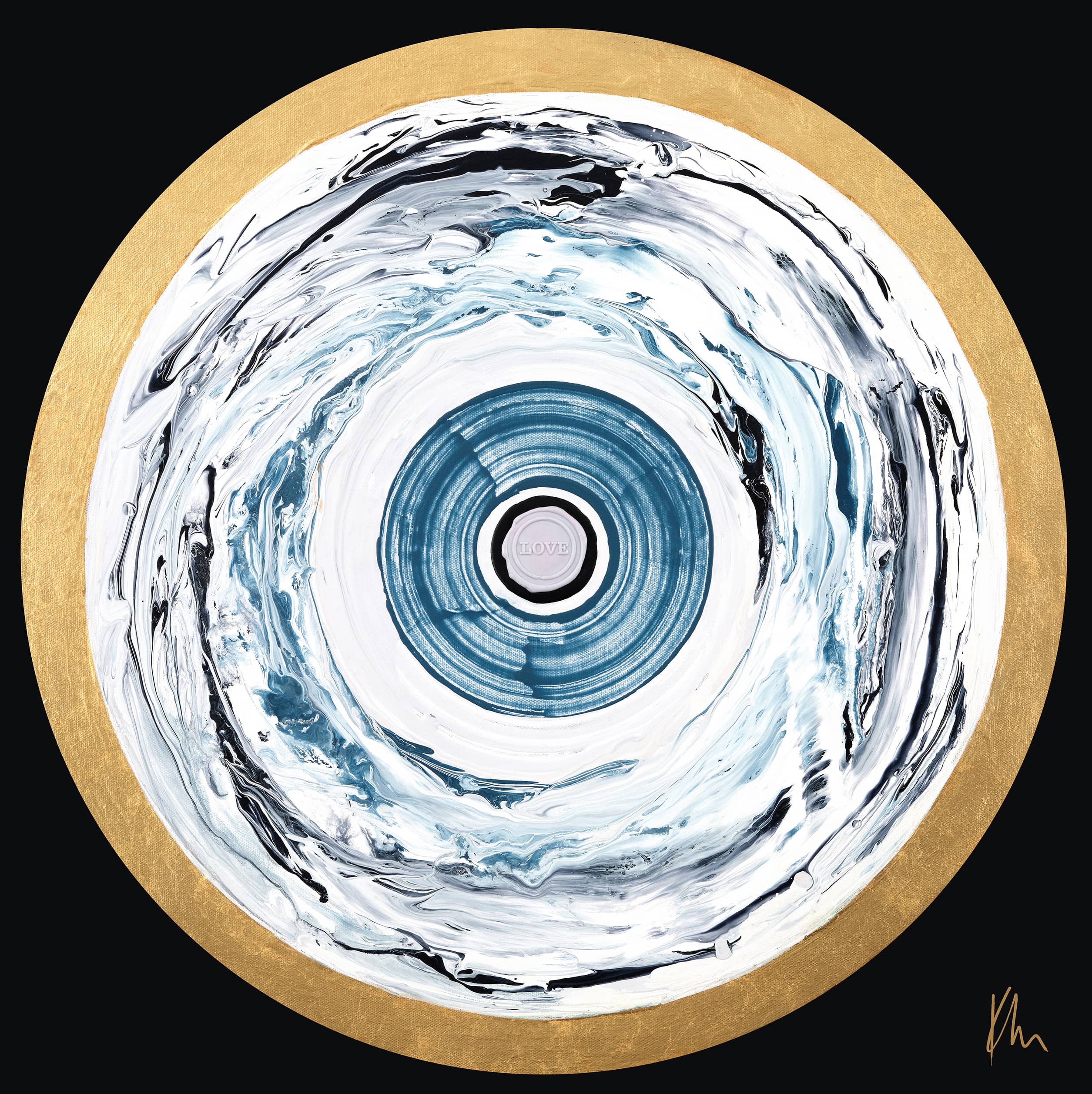 The One Love - Original Painting by Kate Mayer showcases swirling blue and white patterns with a gold outer ring against a black background, perfectly capturing the essence of unity and love.